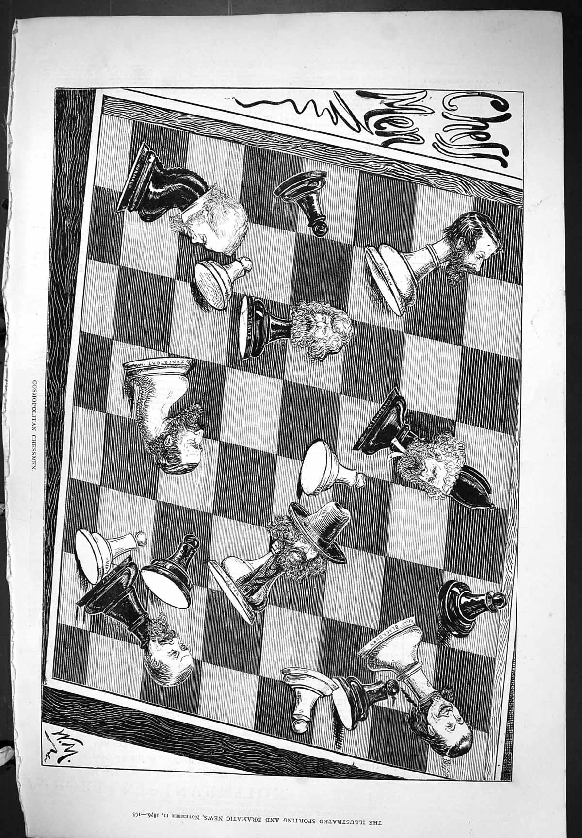 Antique Old Print Cosmopolitan Chessmen Wormald Bowden Macdonnell Duffy 1876