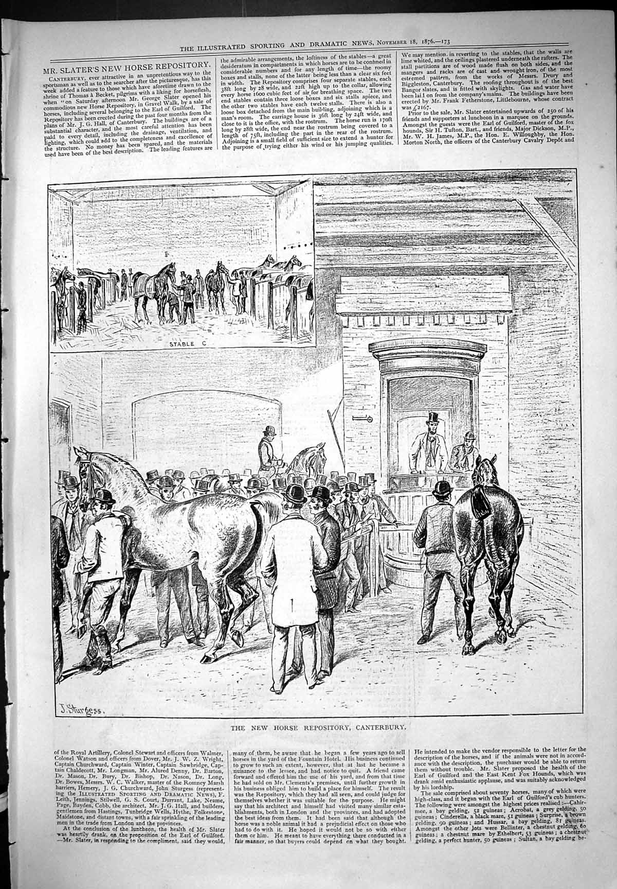 Original Old Antique Print New Horse Repository Canterbury Stable 1876 Sturgess