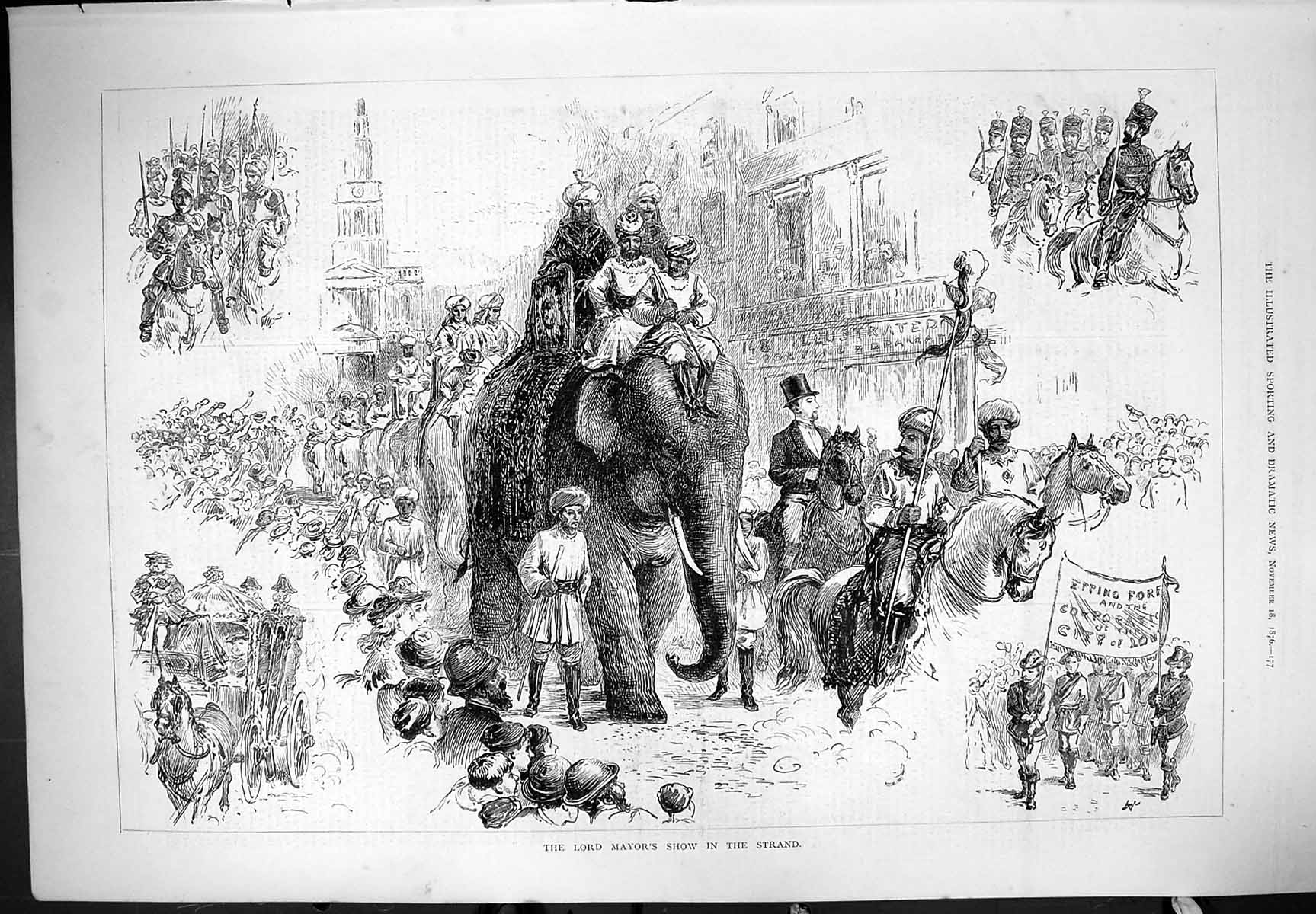 Original Old Antique Print Lord Mayors Strand Show Elephant Horse Parade 1876