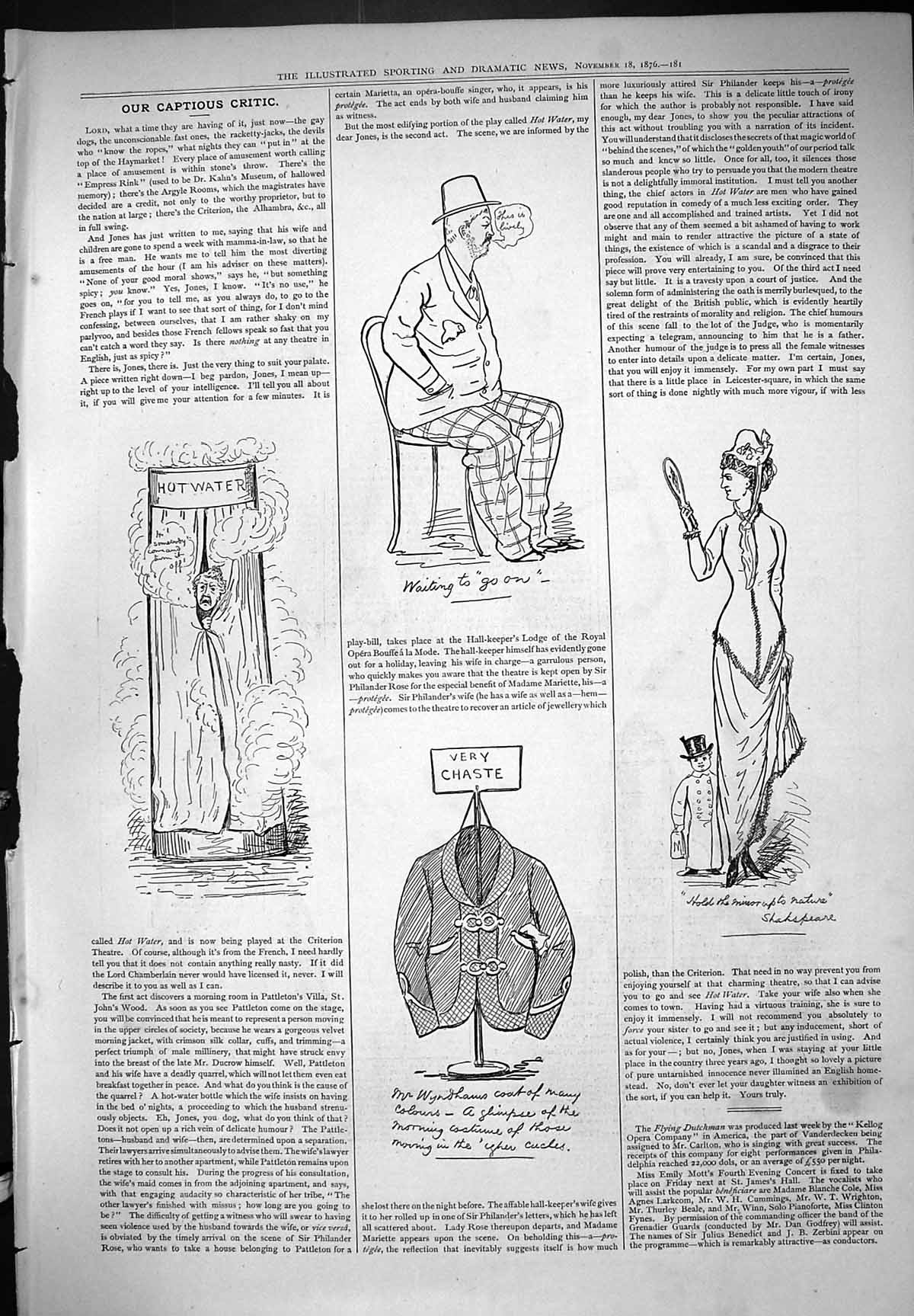 Original Old Antique Print Captious Critic Theatre 1876 Wyndham Coat Shakspeare