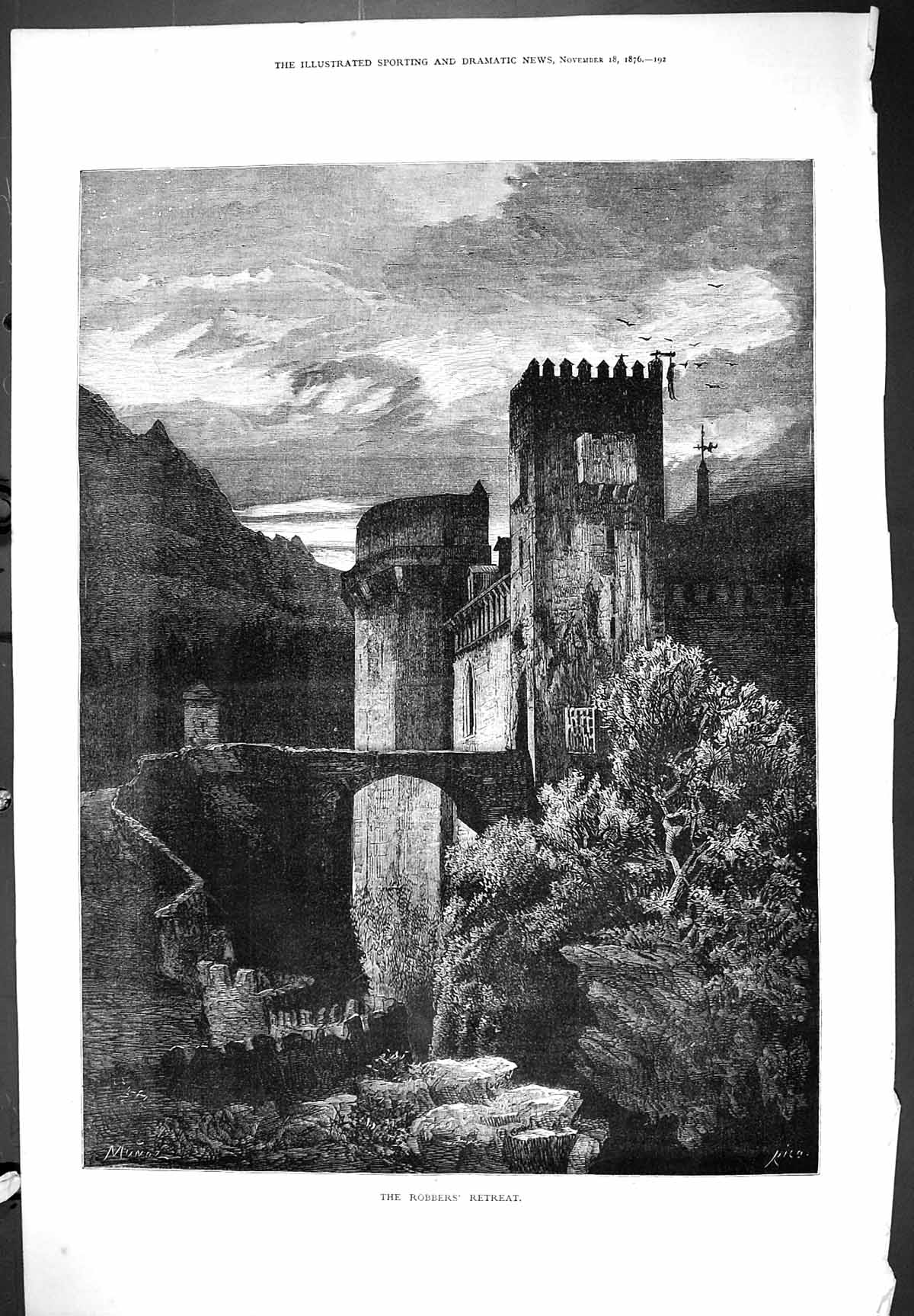 Old Antique Print Robbers Retreat Castle Night Time Scene Hanged Man 1876 19th