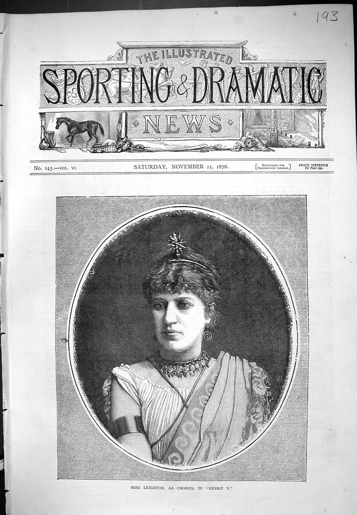 Antique Print Miss Leighton As Chorus Henry V Portrait Beautiful Woman 1876