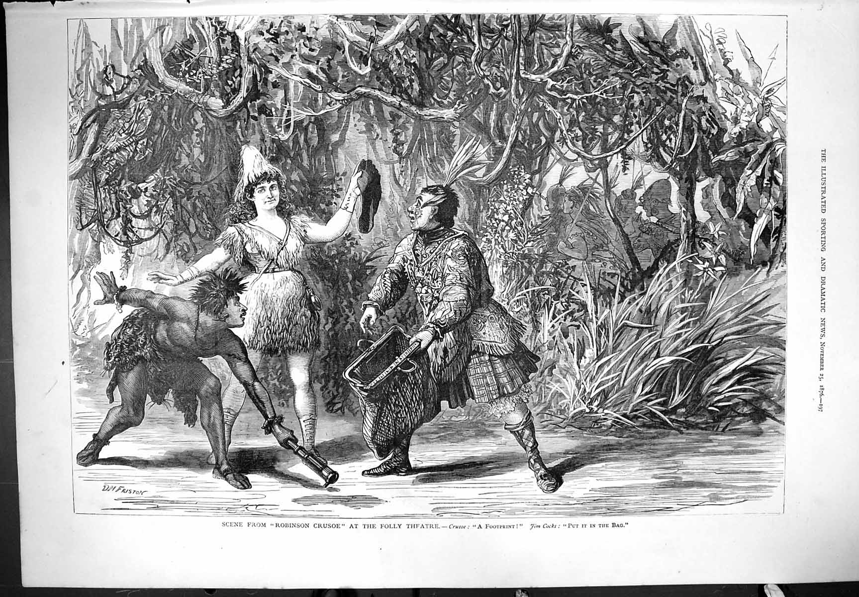 Old Antique Print Robinson Crusoe Foot Scene Folly Theatre 1876 Friston 19th