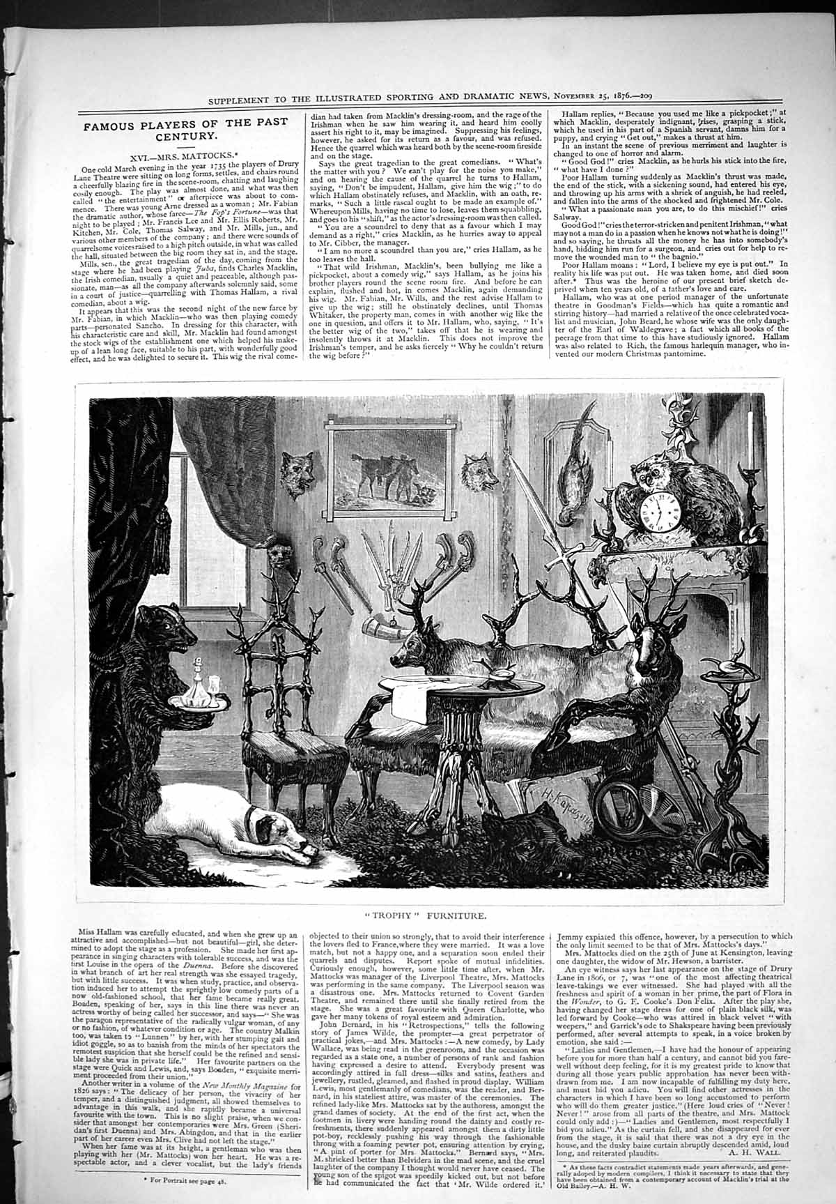 Original Old Antique Print Trophy Animal Furniture Deer Bear Owl Bird Fox 1876