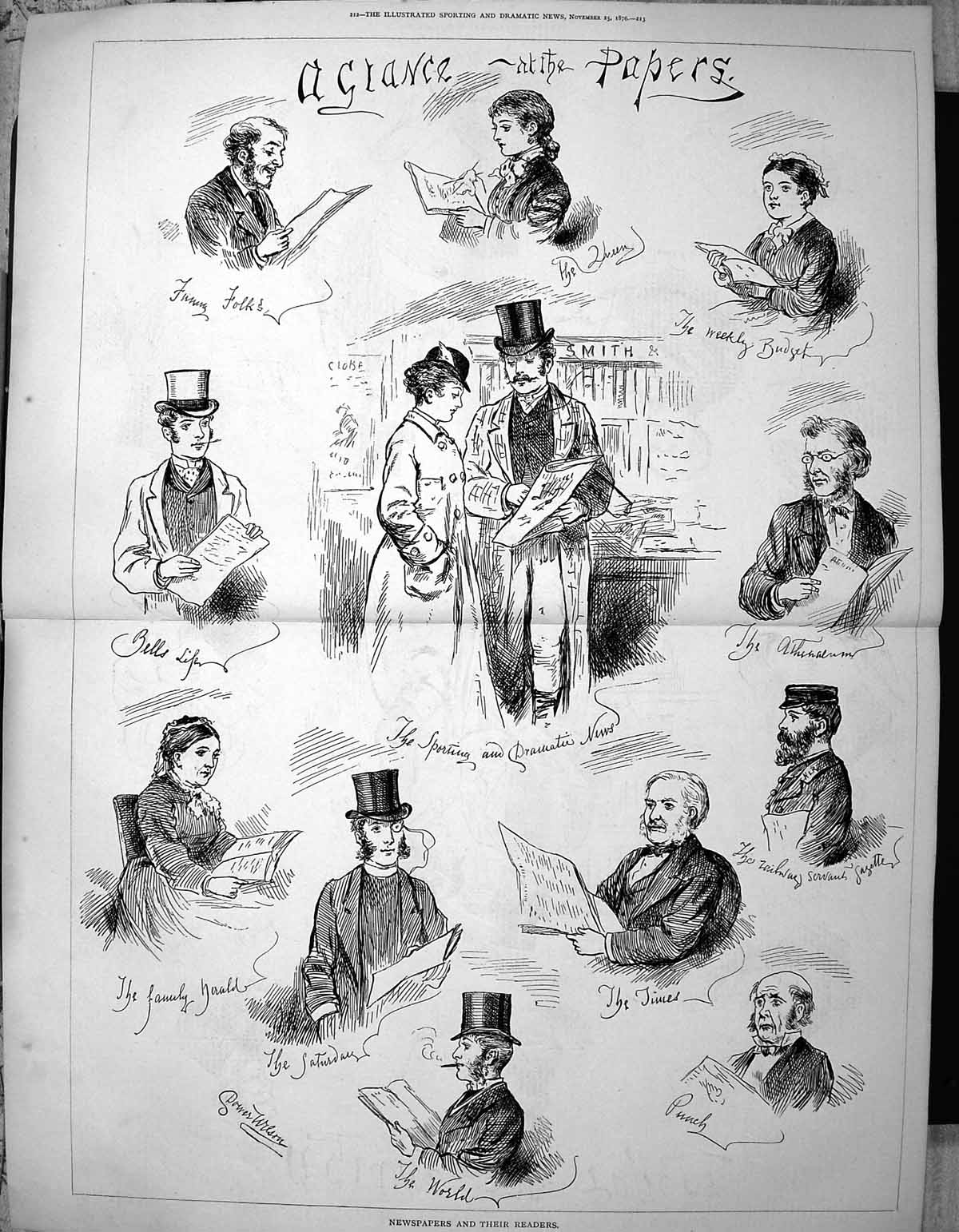 Original Old Antique Print Newspapers And Their Readers 1876 WilsonVictorian