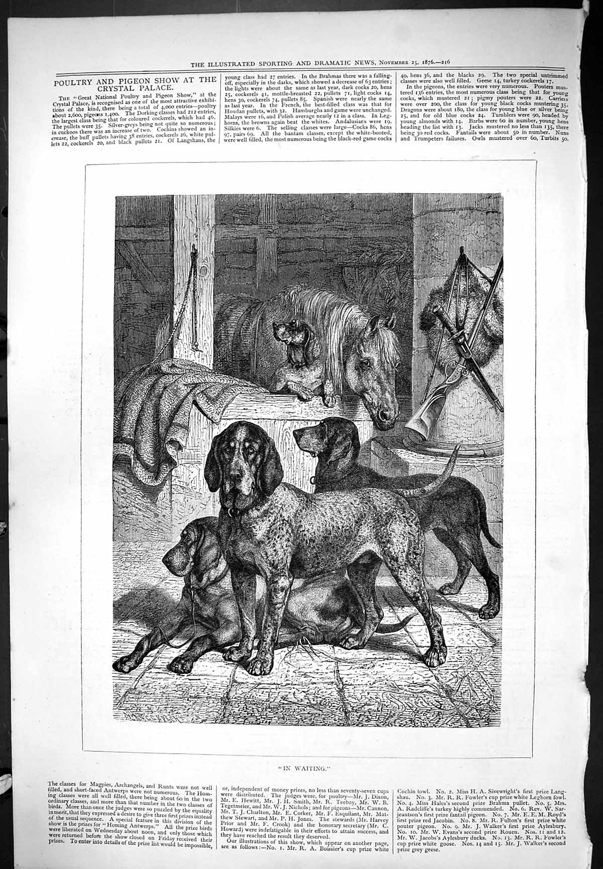 Original Old Antique Print Dogs Hounds Horses Pets Animals In Waiting 1876 19th