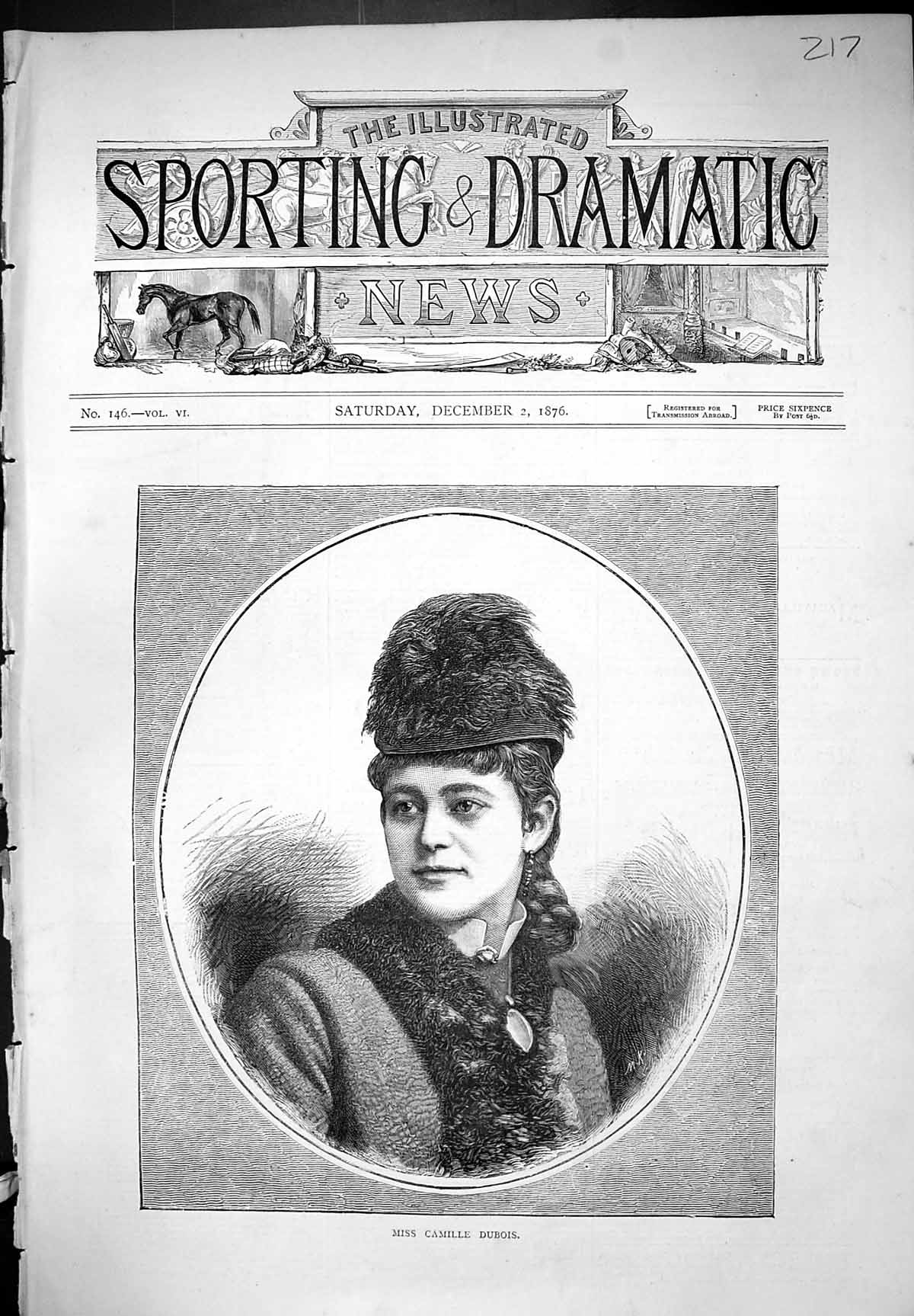Original Old Antique Print Miss Camille Dubois Portrait Beautiful Woman 1876
