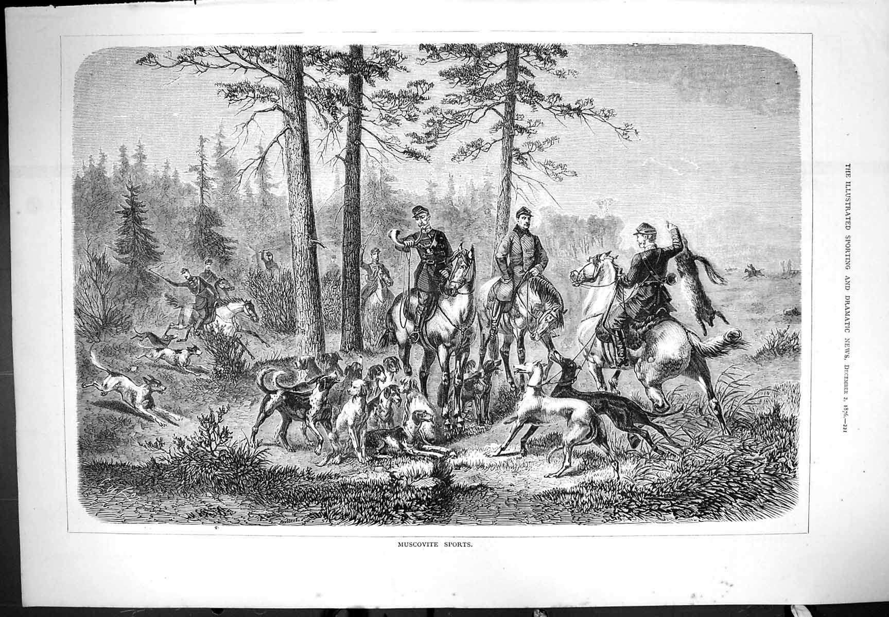 Old Print Muscovite Sports Hunting Dogs Hounds Horses Outdoor Scene 1876 19th