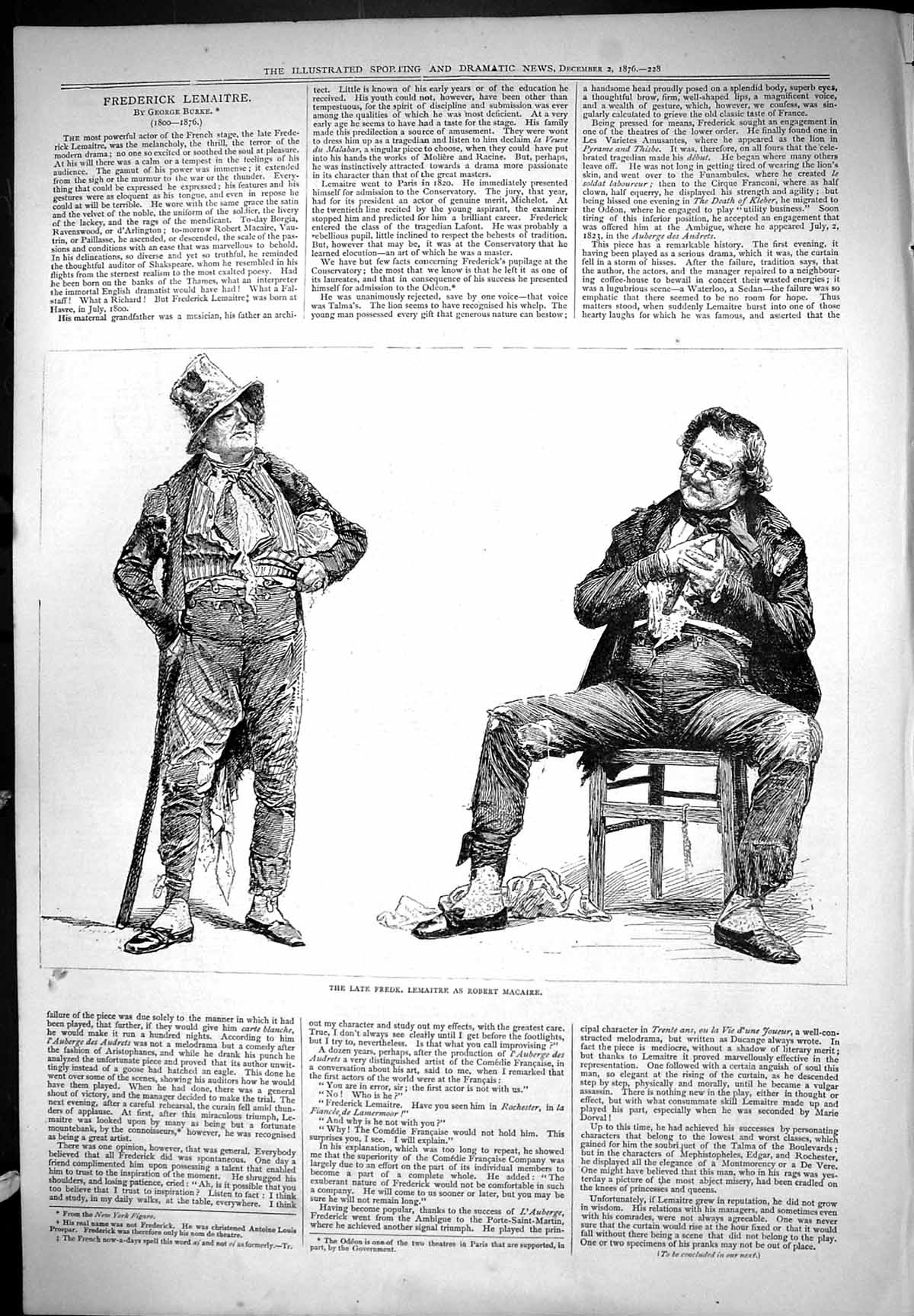 Antique Old Print Late Frederick Lemaitre George Burke Robert Macaire 1876 19th