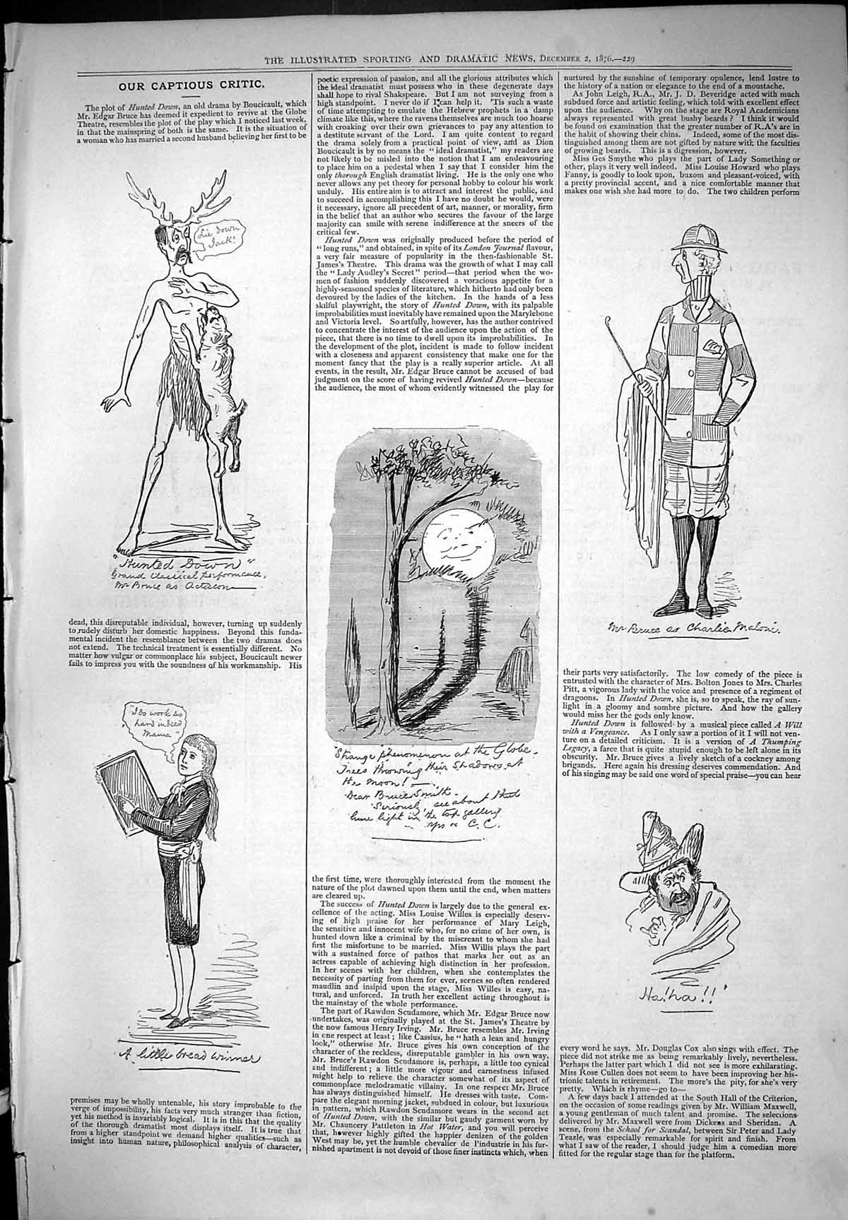 Old Antique Print Captious Critic Theatre Little Bread Winner Bruce 1876 19th