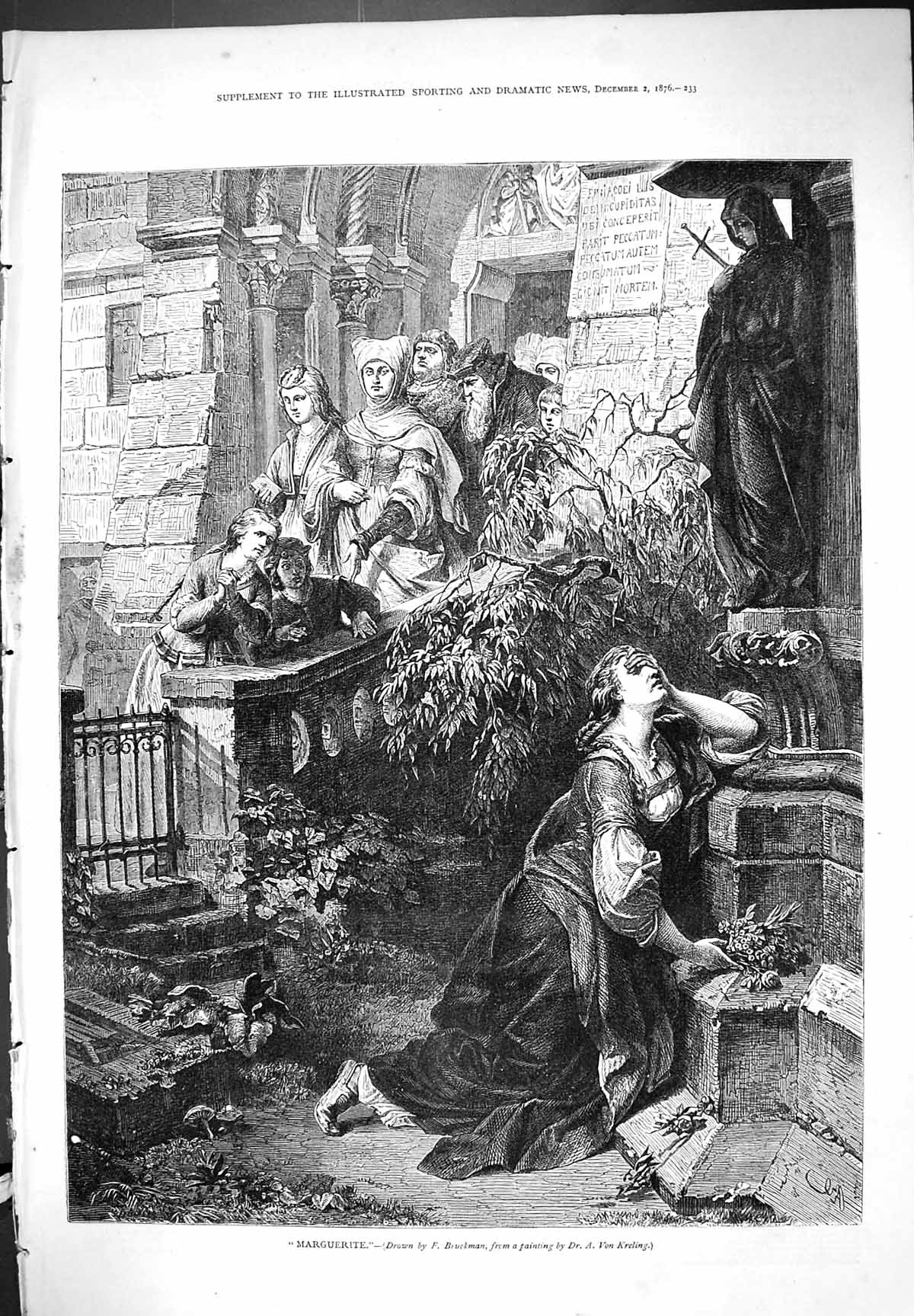 Original Old Antique Print Marguerite Outdoor Church Scene Religion 1876 19th