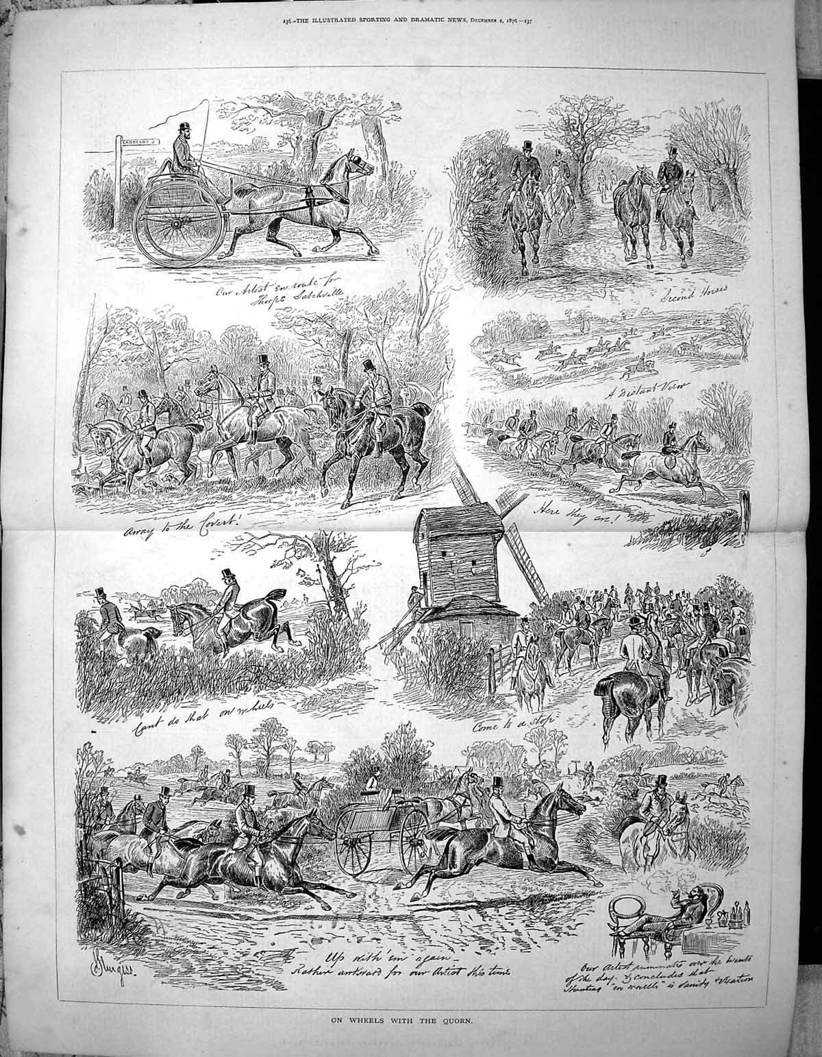 Original Old Antique Print Horses Race On Wheels With Quorn 1876 Sturgess 19th