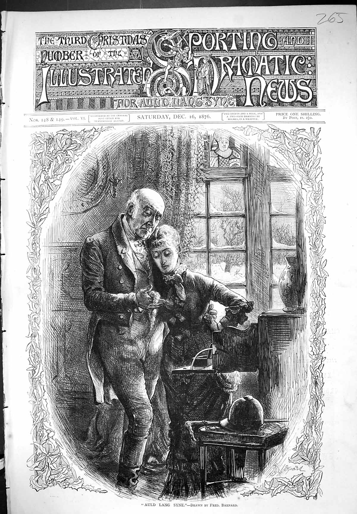 Old Antique Print Auld Lang Sang Man Young Girl Indoor Scene 1876 Barnard 19th