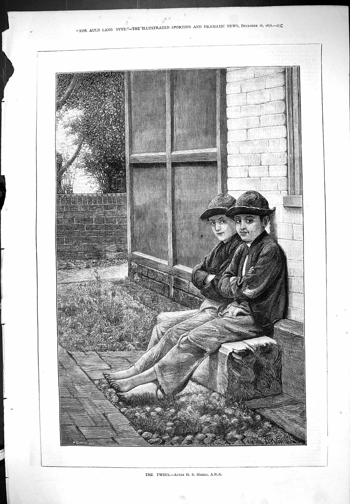 Original Old Antique Print The Twins Young Boys Outdoor Scene 1876 Marks 19th