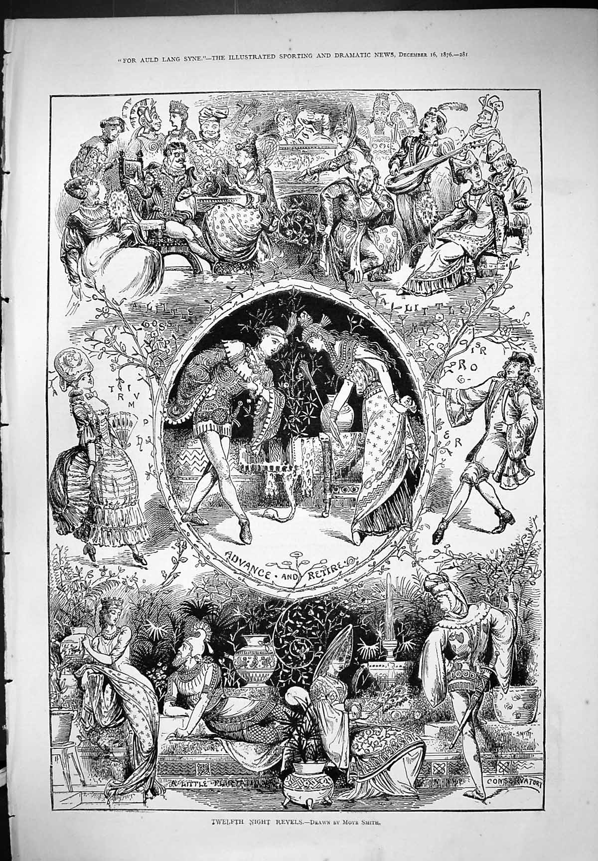 Original Old Antique Print Twelfth Night Reveals 1876 Smith Drawing Victorian