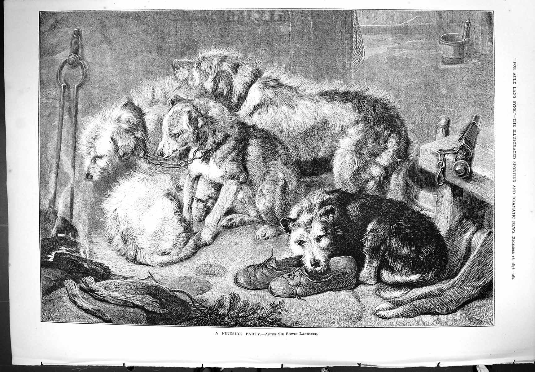 Original Old Antique Print Fireside Party Dogs Pets Animals 1876 Edwin Landseer
