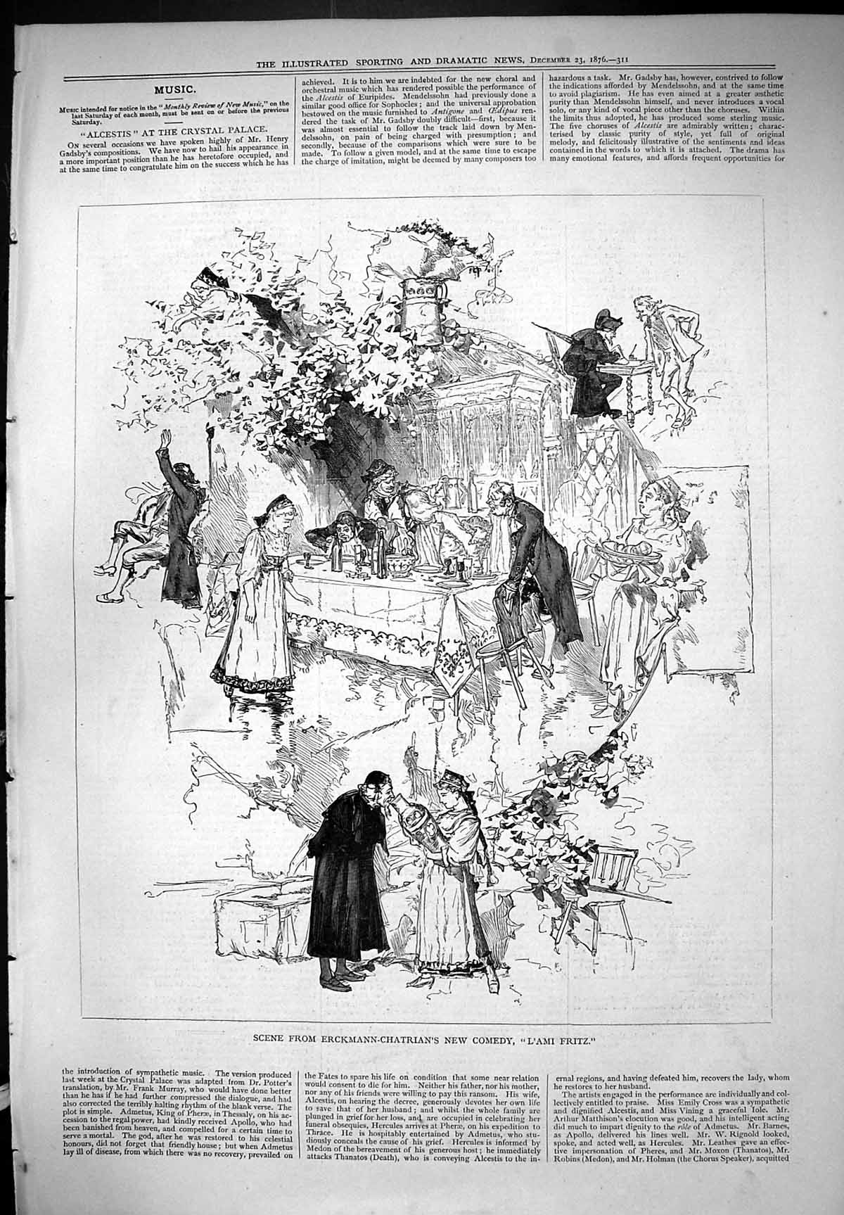 Original Old Antique Print Erckmann Chatrian New Comedy L'Ami Fritz Scene 1876