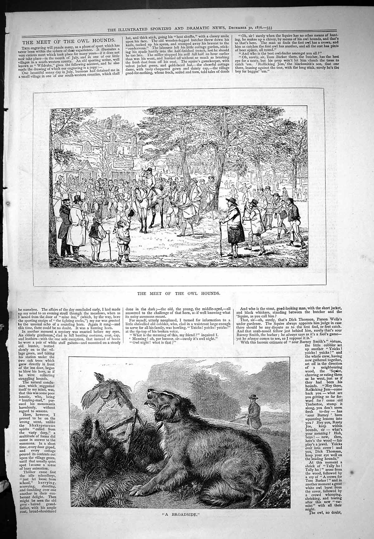 Antique Print 1876 Meet The Owl Hounds Broadside Dog Animals Hunting Sport 19th