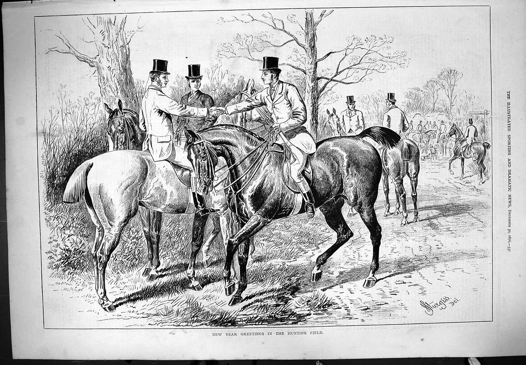 Original Old Antique Print New Year Greetings Horse Hunting Field Sport 1876