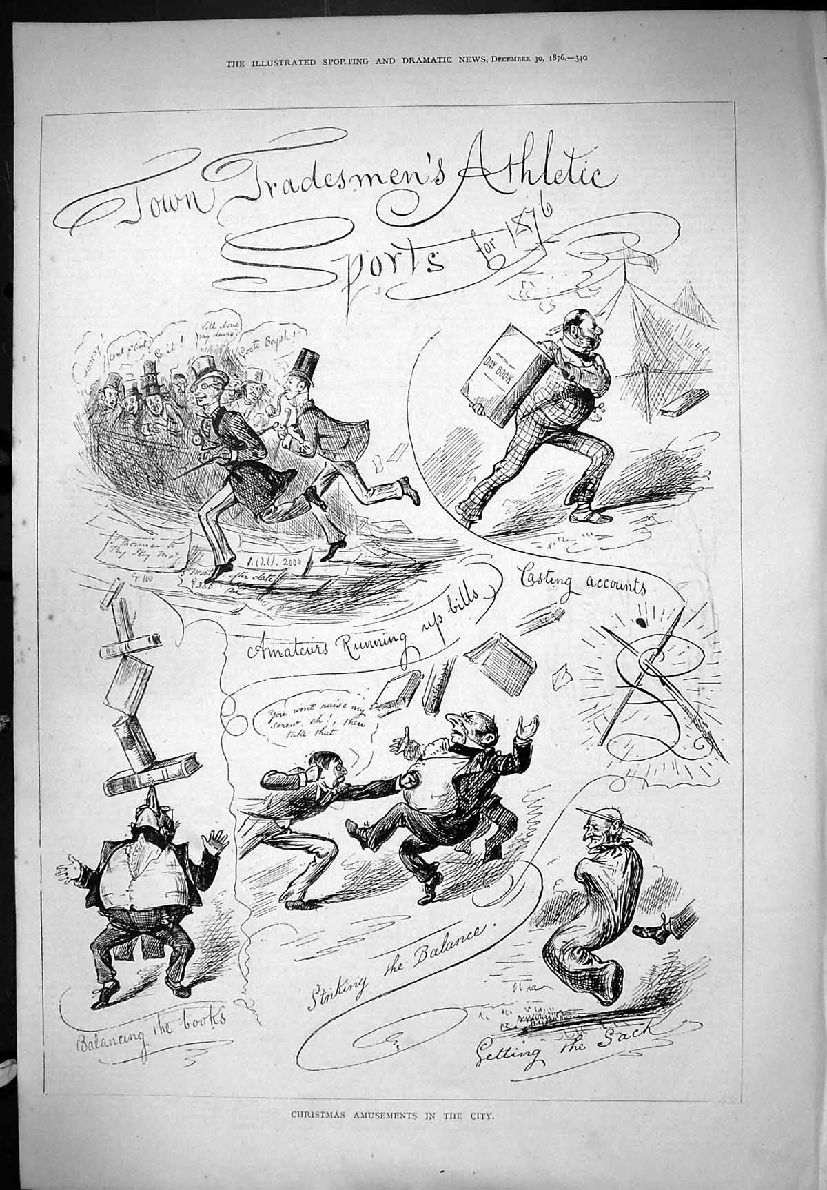 Original Old Antique Print City Christmas Amusements Athletic Sports 1876 19th