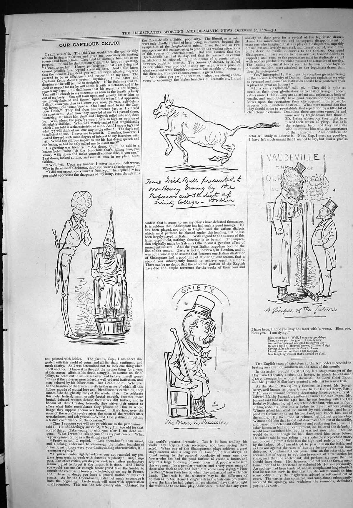 Old Print Captious Critic Theatre 1876 Gaiety Man In Posession Irish Bull 19th
