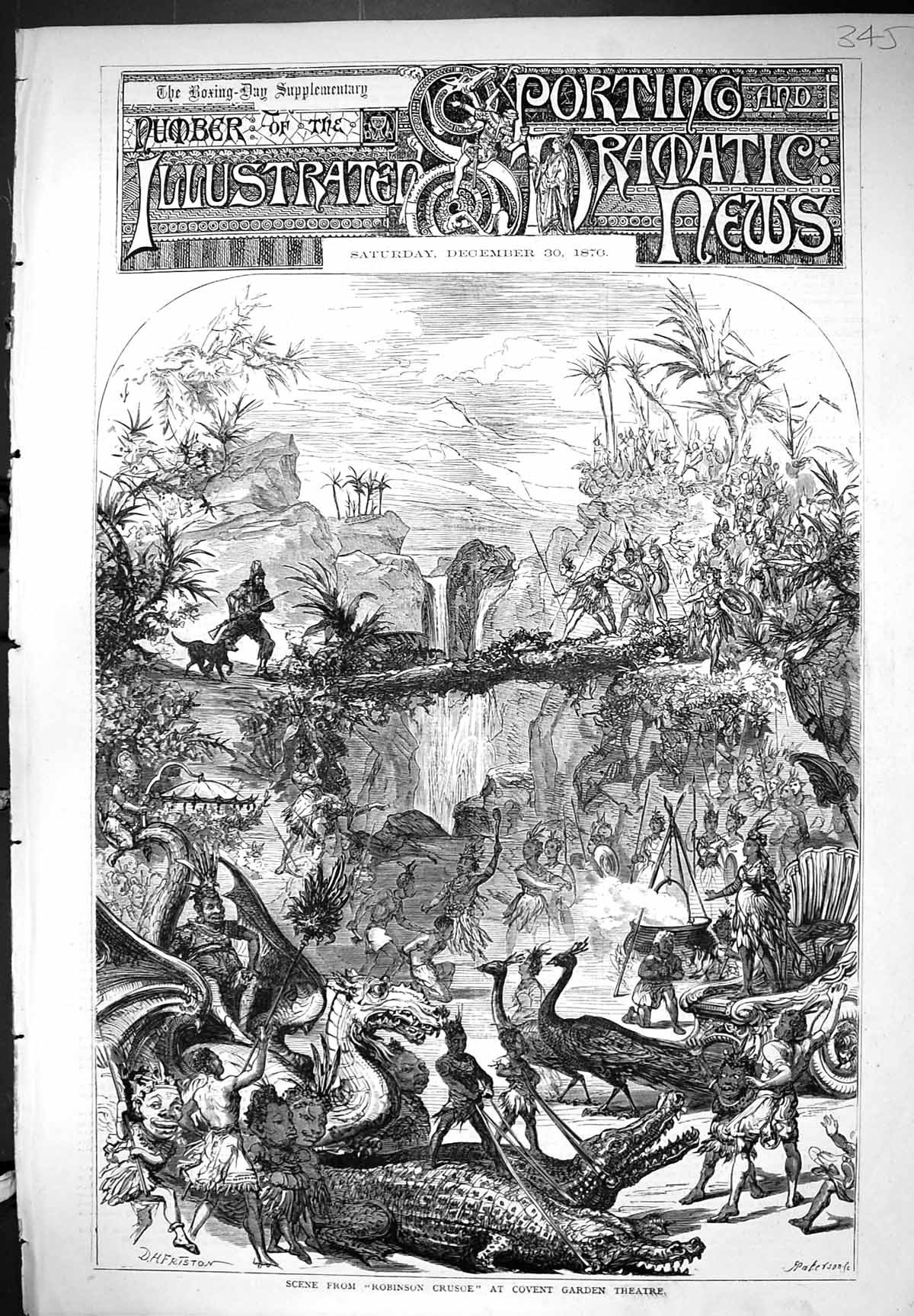 Antique Old Print Robinson Crusoe Scene Covent Garden Theatre 1876 Friston 19th