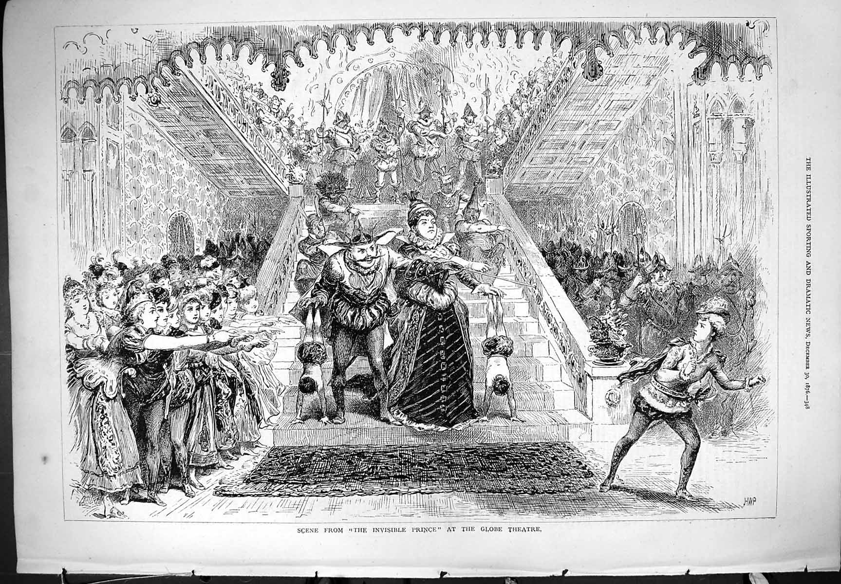 Original Old Antique Print Invisible Prince Scene Globe Theatre 1876 Victorian