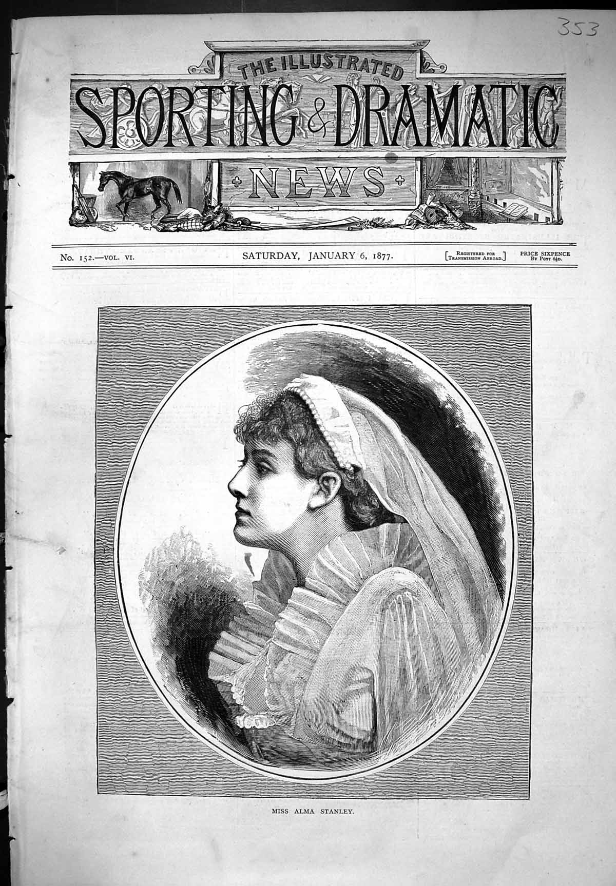 Original Old Antique Print Miss Alma Stanley Beautiful Woman Portrait 1877 19th