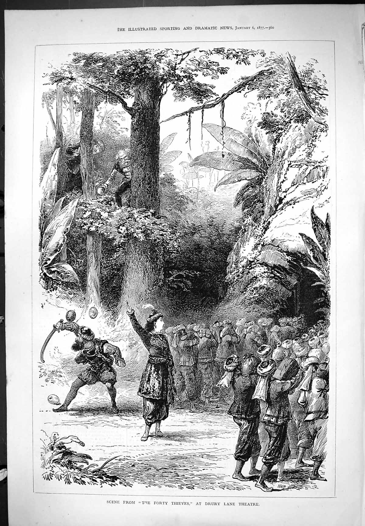 Original Old Antique Print 1877 Forty Thieves Scene Drury Lane Theatre 19th