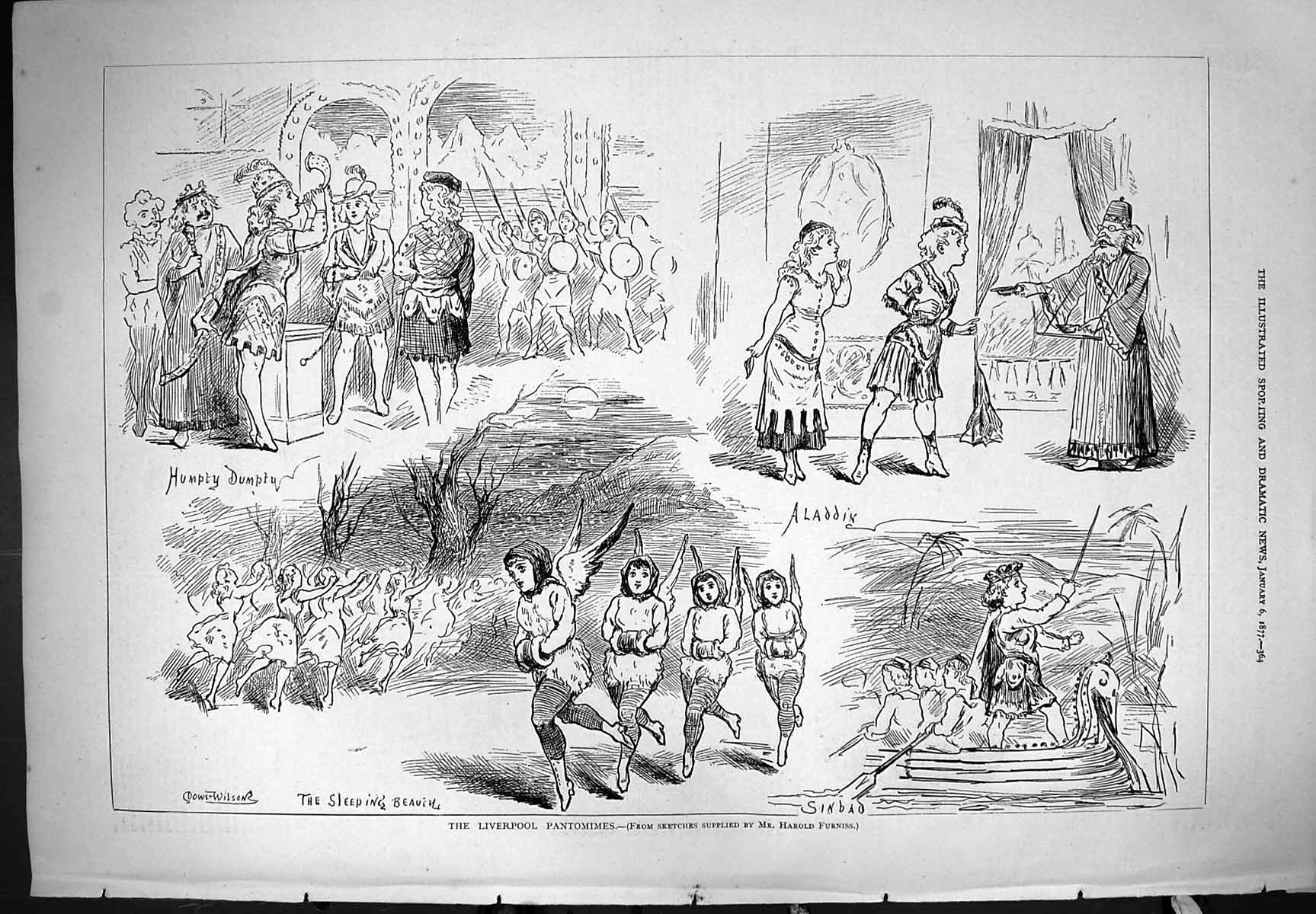 Antique Print Liverpool Pantomimes Sinbad Humpty Dumpty Aladdin Beauty 1877