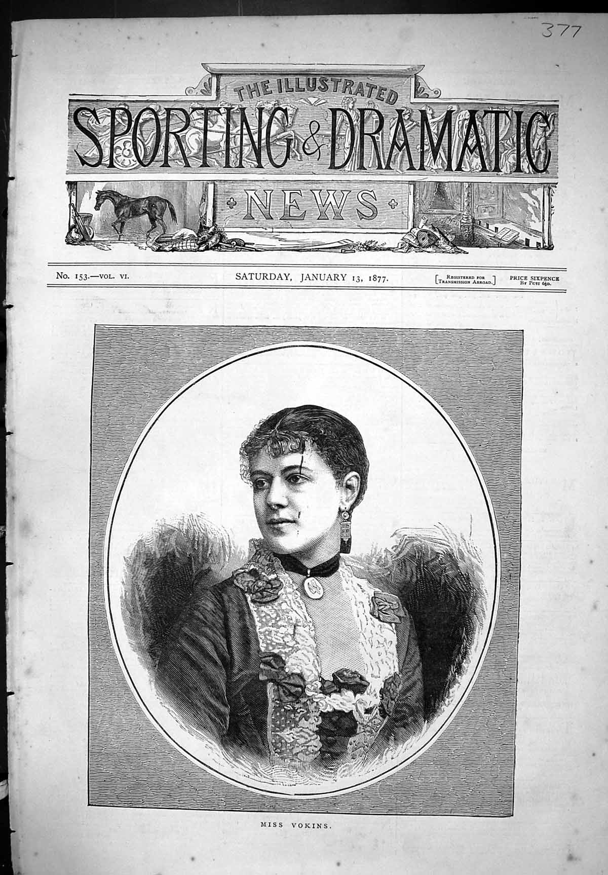 Original Old Antique Print Miss Vokins Beautiful Woman Portrait 1877 Victorian