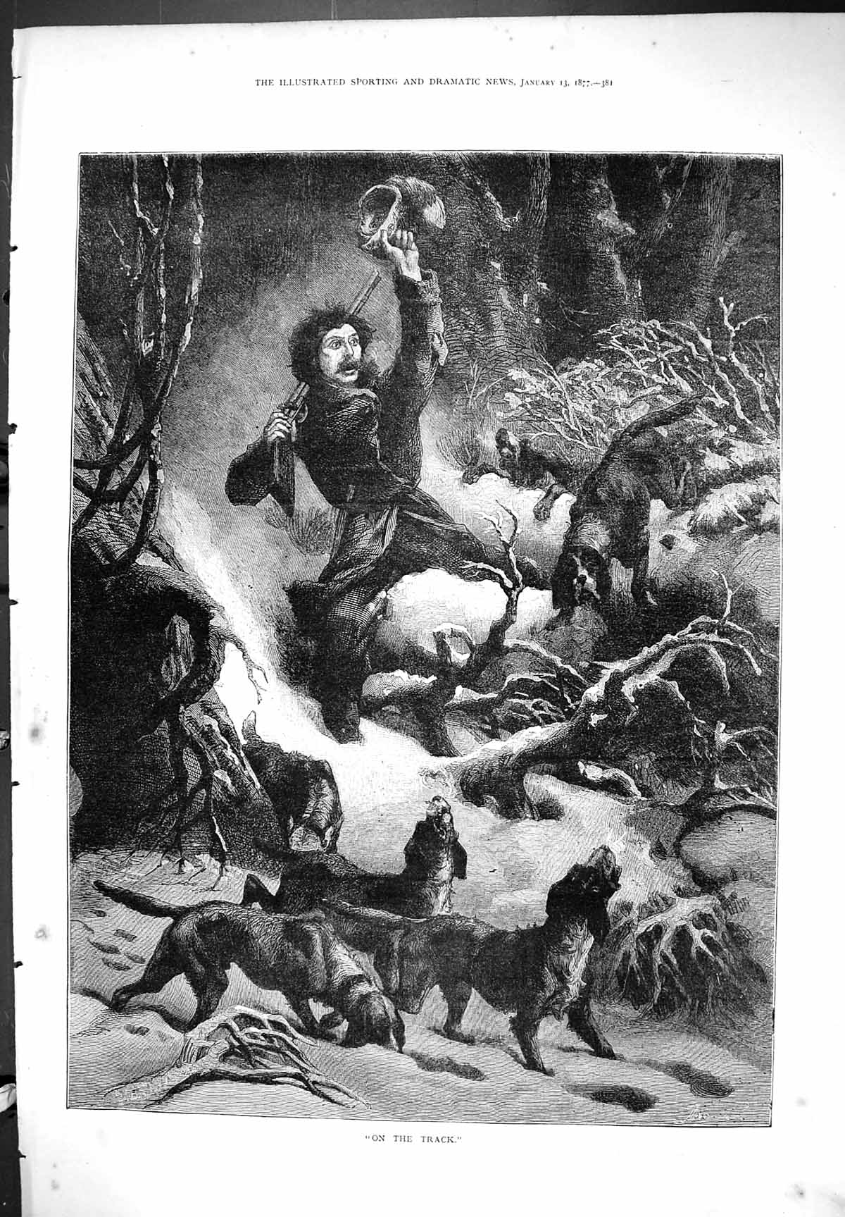 Antique Old Print On The Track Hunting Sport Dogs Hounds Outdoor Scene 1877