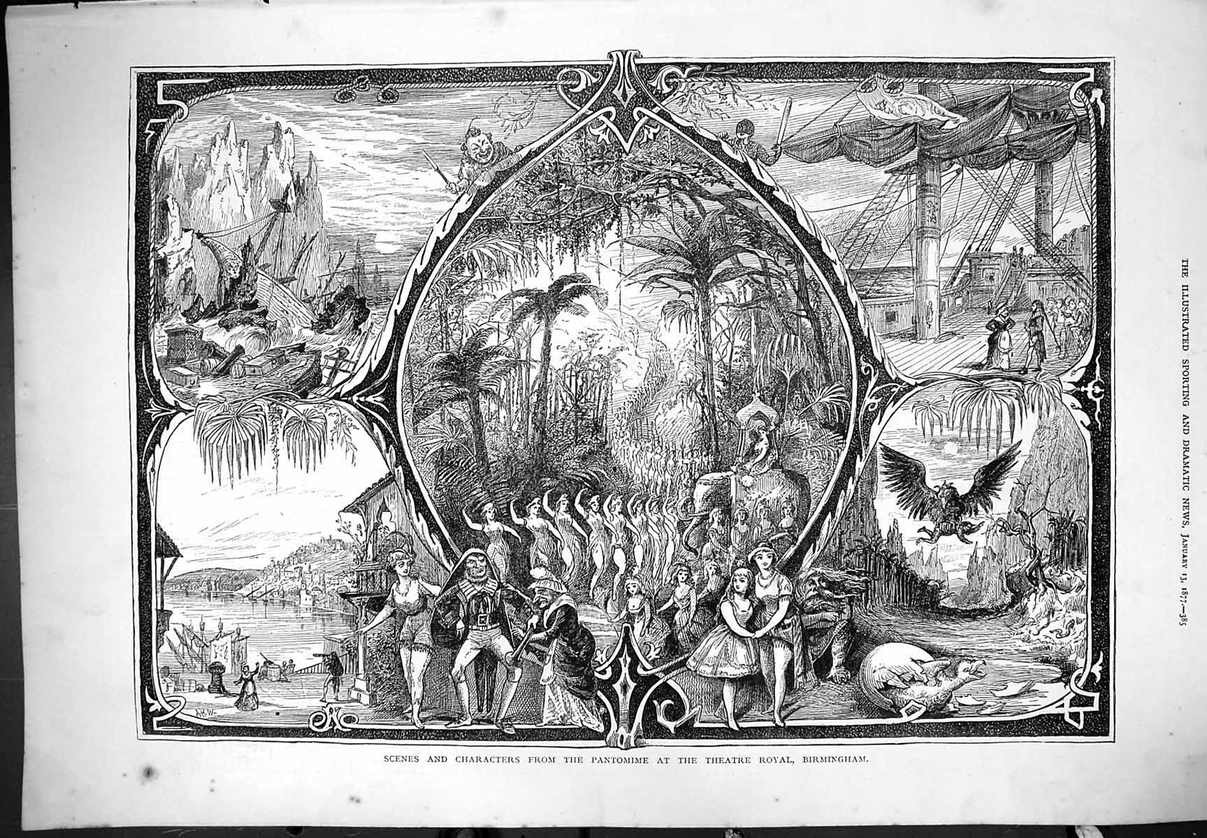 Antique Old Print Scenes Characters Pantomime Theatre Royal Birmingham 1877