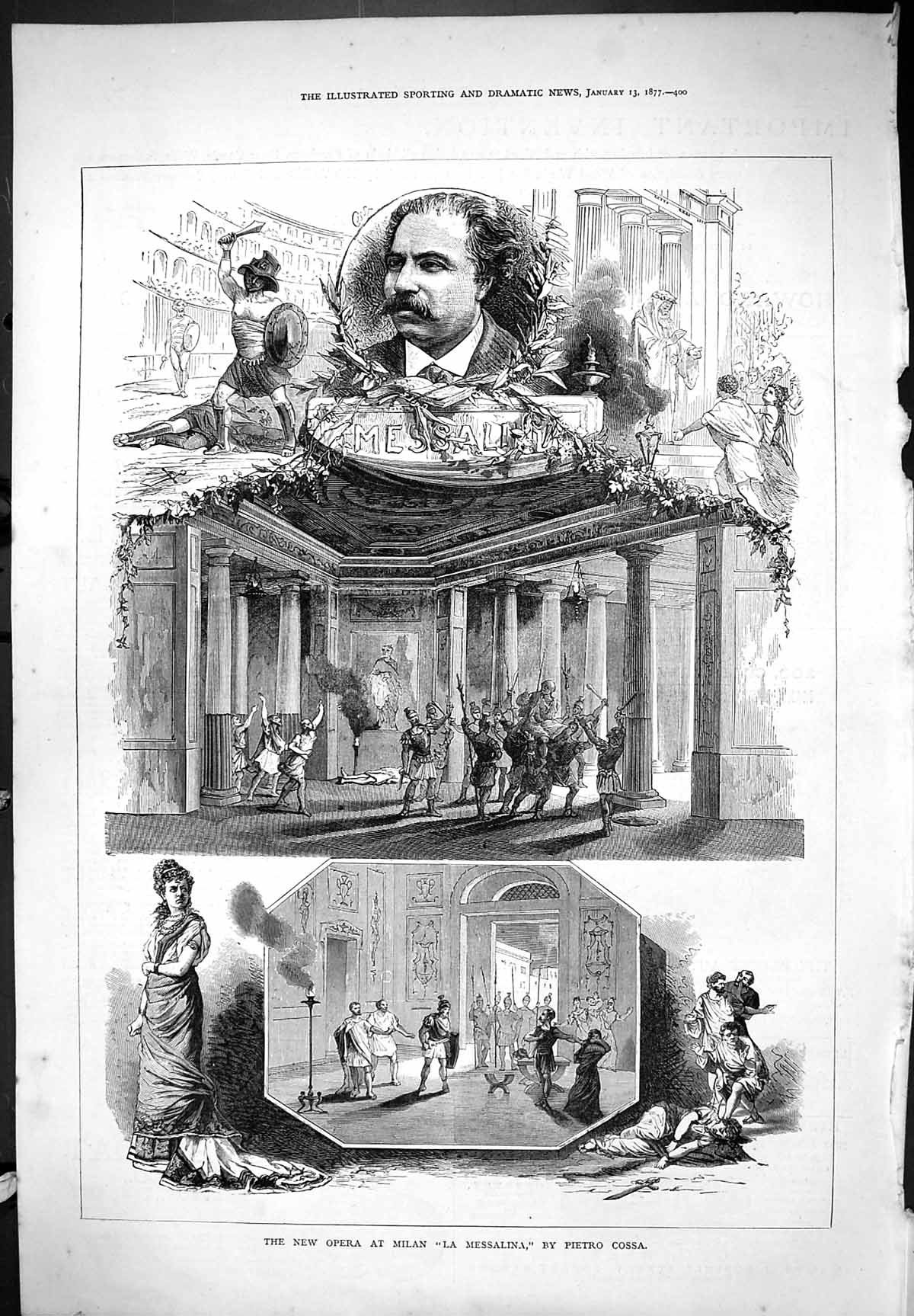 Original Old Antique Print New Opera Milan Messalina Pietro Cossa 1877 19th