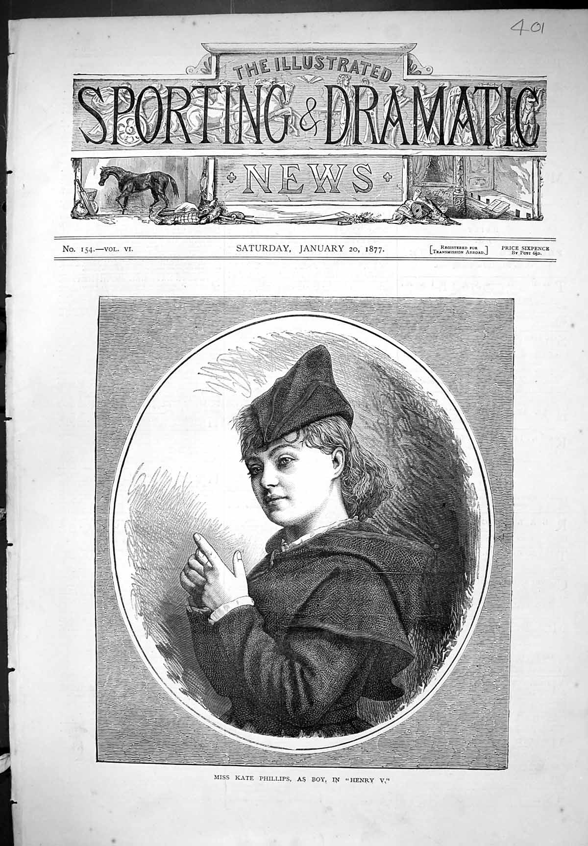 Original Old Antique Print 1877 Miss Kate Phillips As Boy Henry V Character