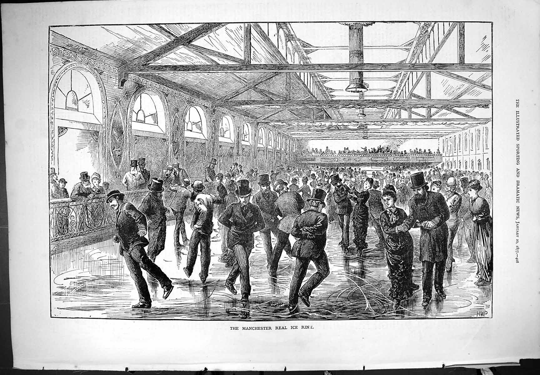 Original Old Antique Print 1877 Manchester Real Ice Rink Men Women Skating 19th