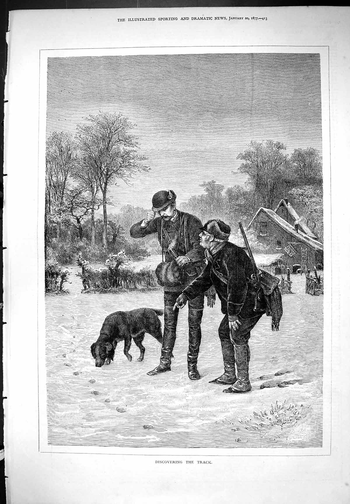 Original Old Antique Print Discovering The Track Dog Hound Hunting 1877 19th