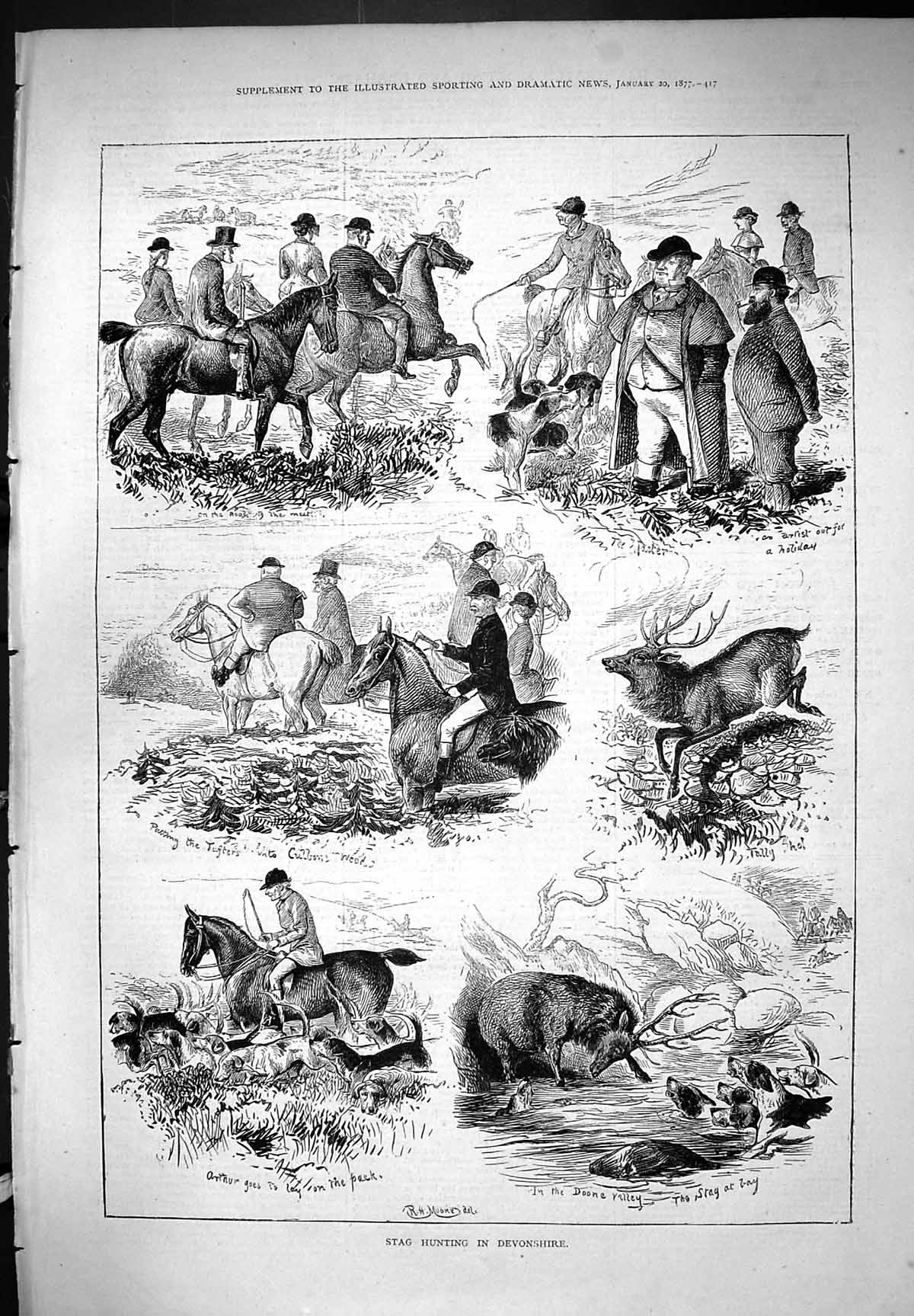 Original Old Antique Print Stag Hunting In Devonshire Moore Horses Sport 1877