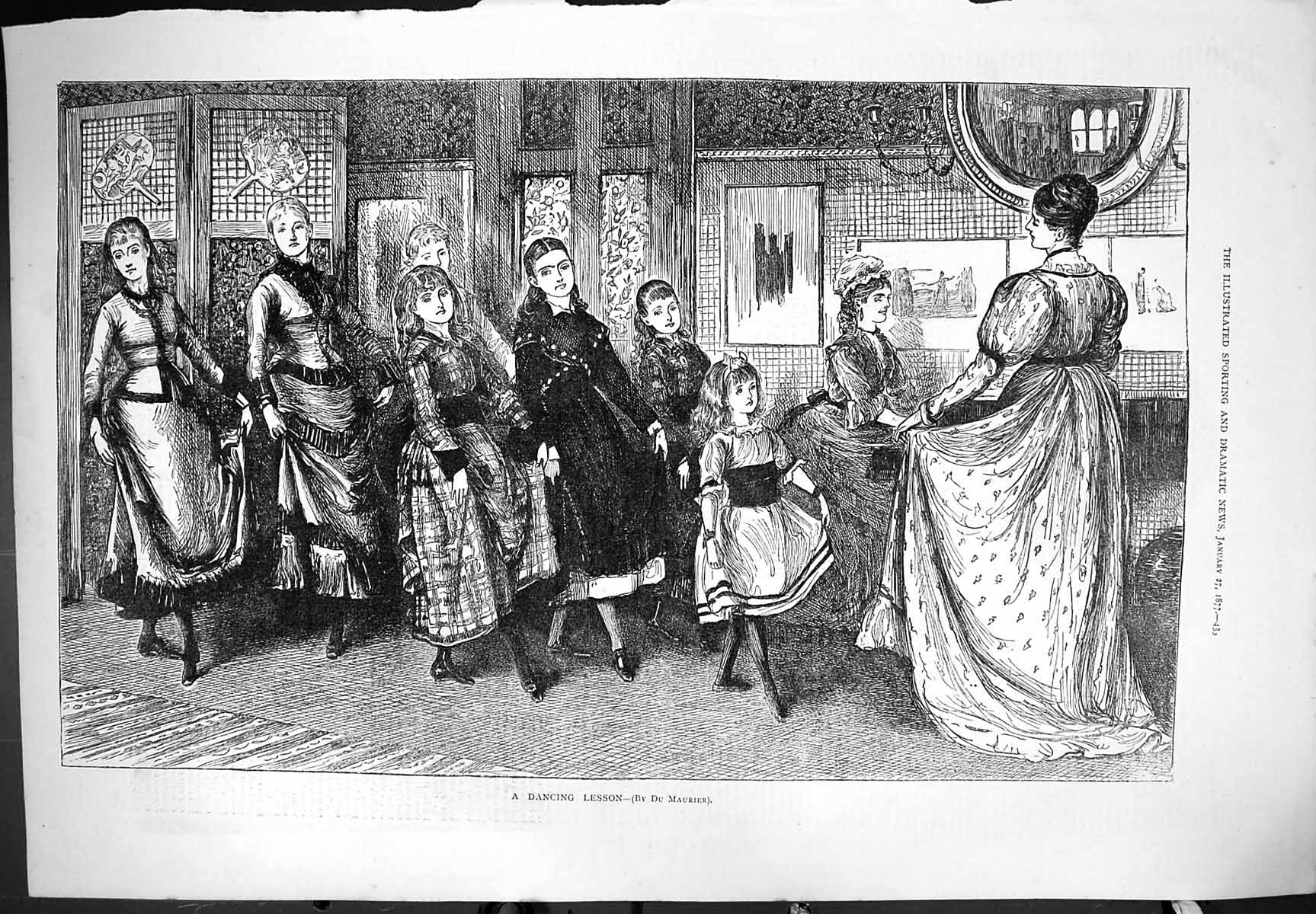 Original Old Antique Print 1877 Dancing Lesson Maurier Young Women Girls 19th