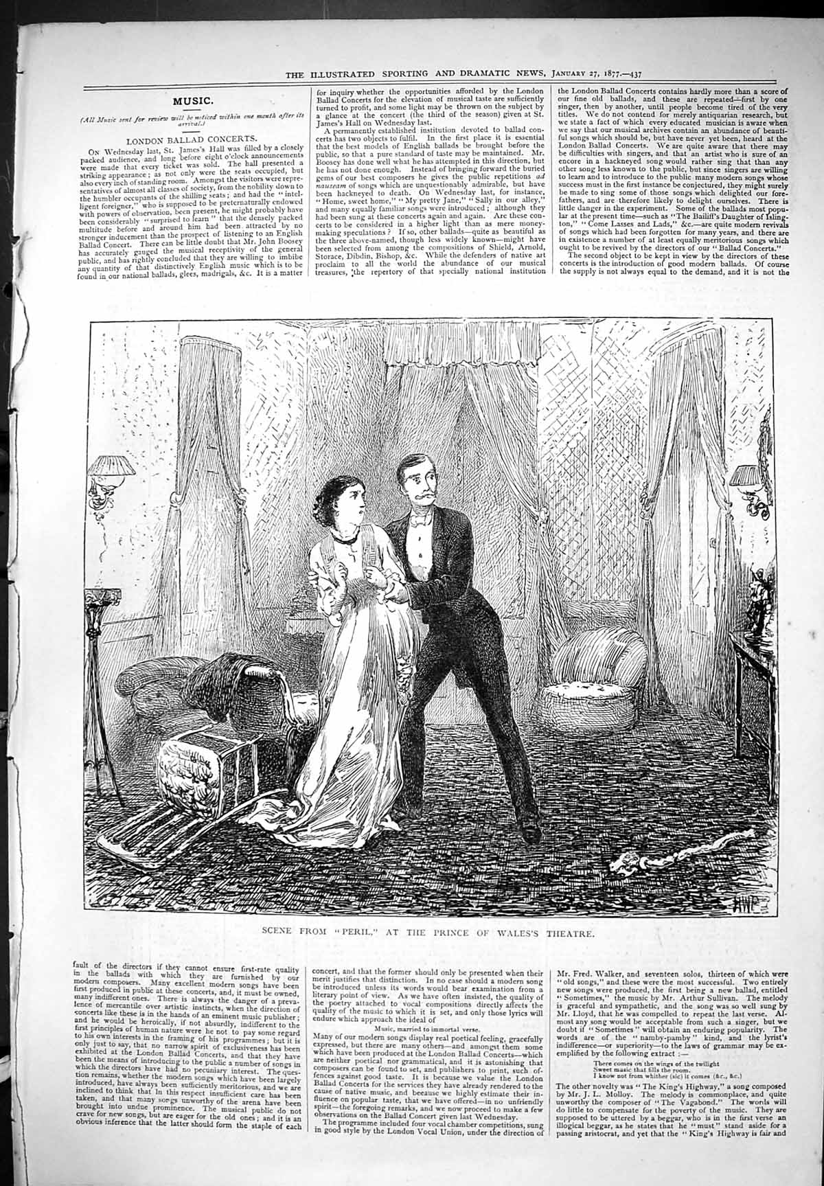 Original Old Antique Print Peril Scene Prince Wales Theatre Man Woman