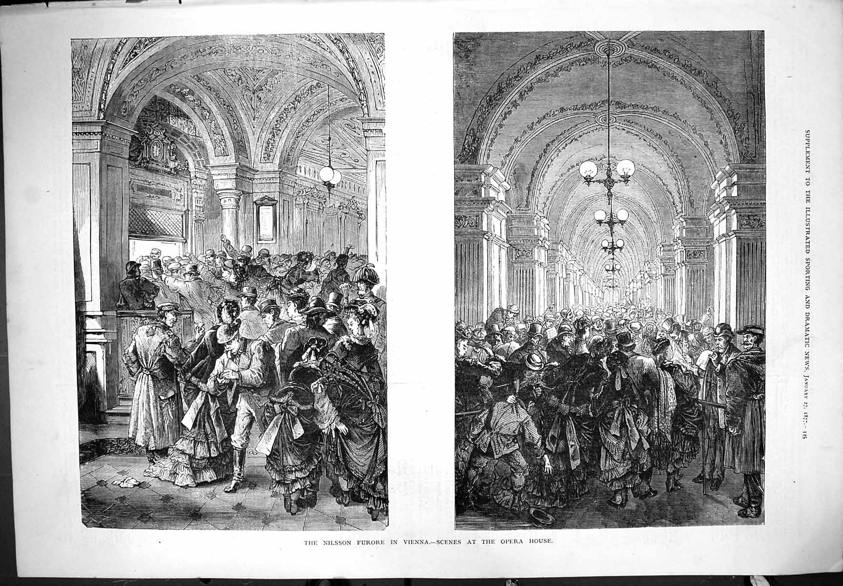 Original Old Antique Print 1877 Nilsson Furore Vienna Scenes At Opera House
