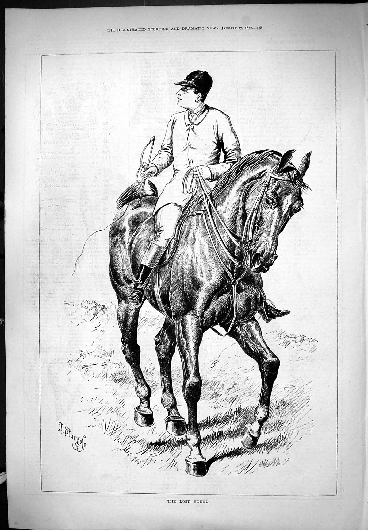 Original Old Antique Print 1877 The Lost Hound Horse Sport Hunting Sturgess