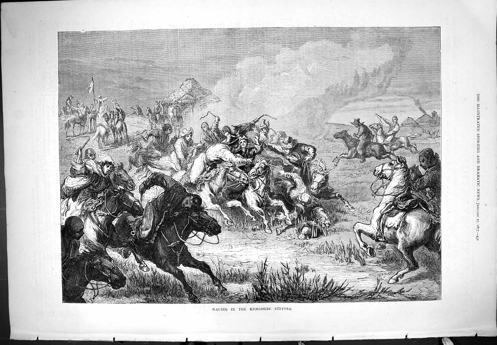 Original Old Antique Print 1877 Kerghese Steppes Horse Racing Accident 19th