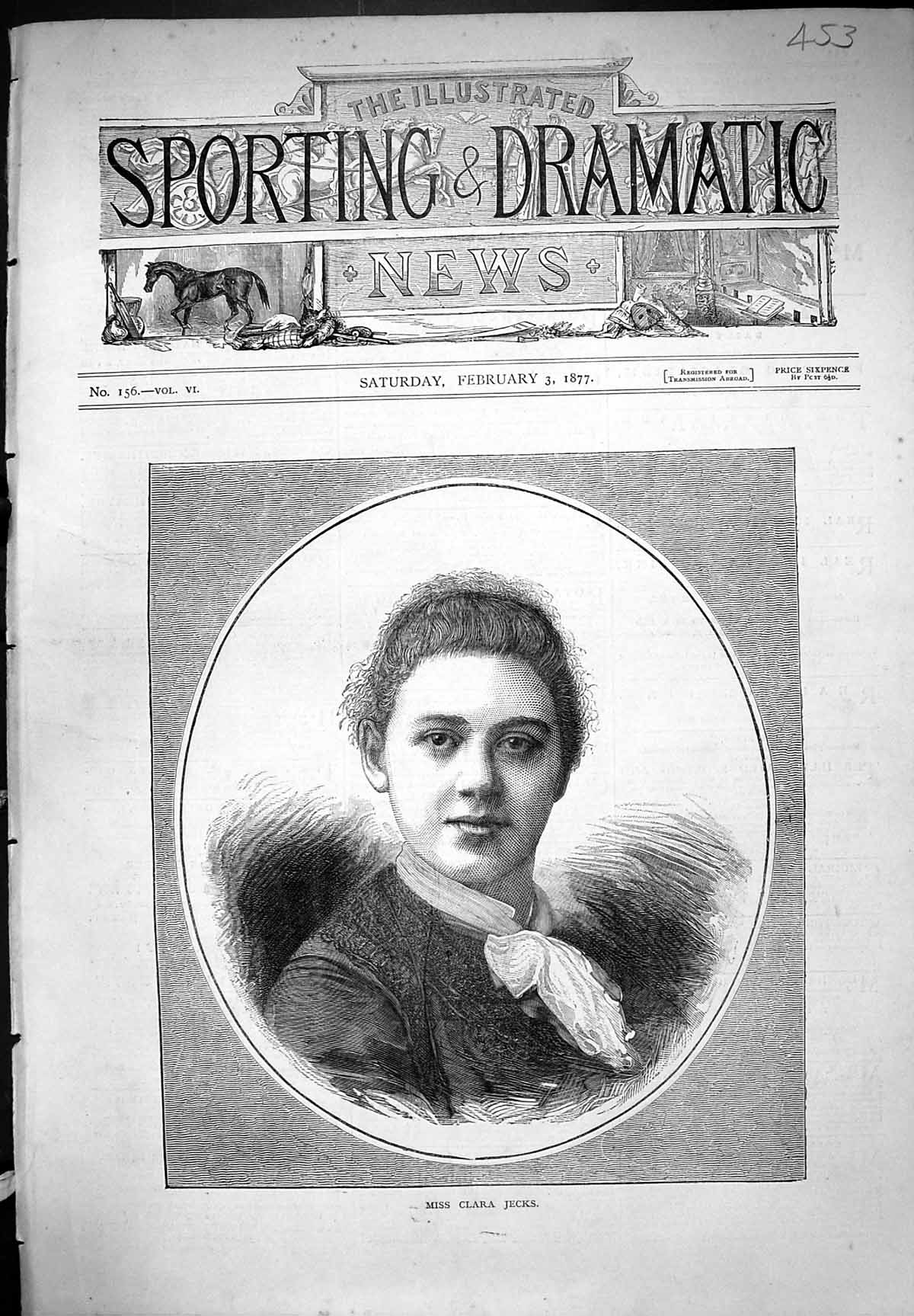 Original Old Antique Print Miss Clara Jecks Beautiful Woman Portrait 1877 19th