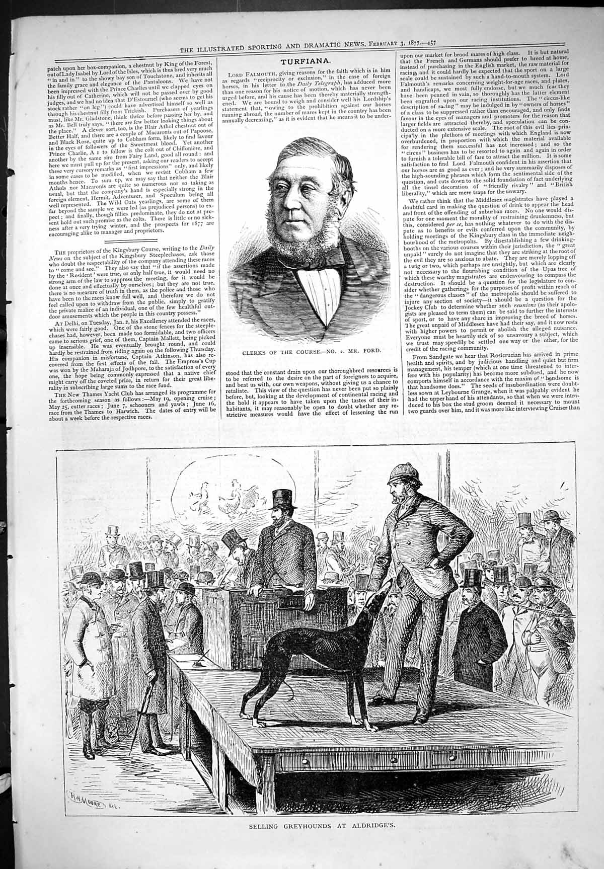 Old Print Clerks Course Ford Selling Greyhounds Aldridges Dogs Moore 187 19th