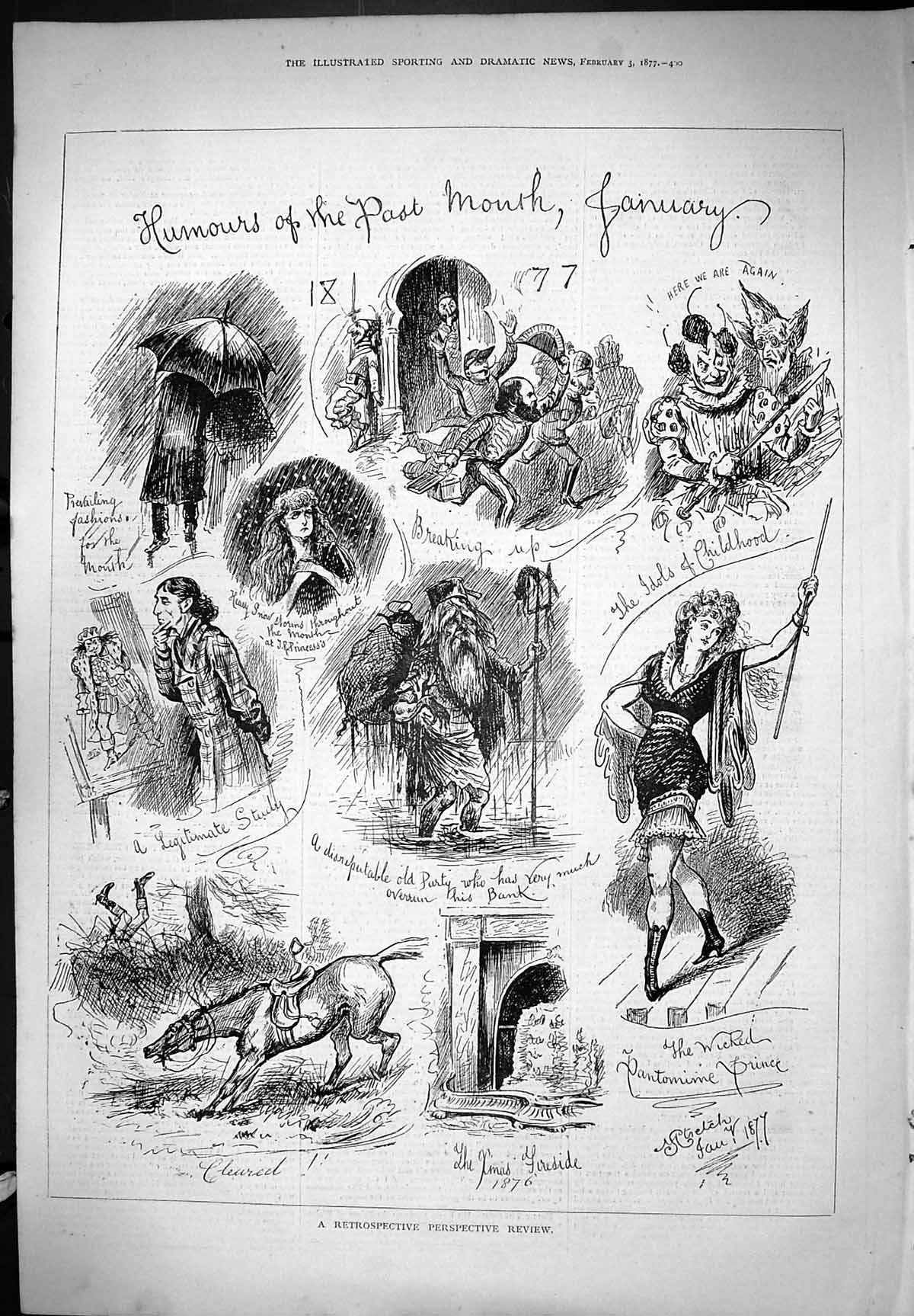 Old Print 1877 Humours January Retrospective Perspective Review Pantomim 19th