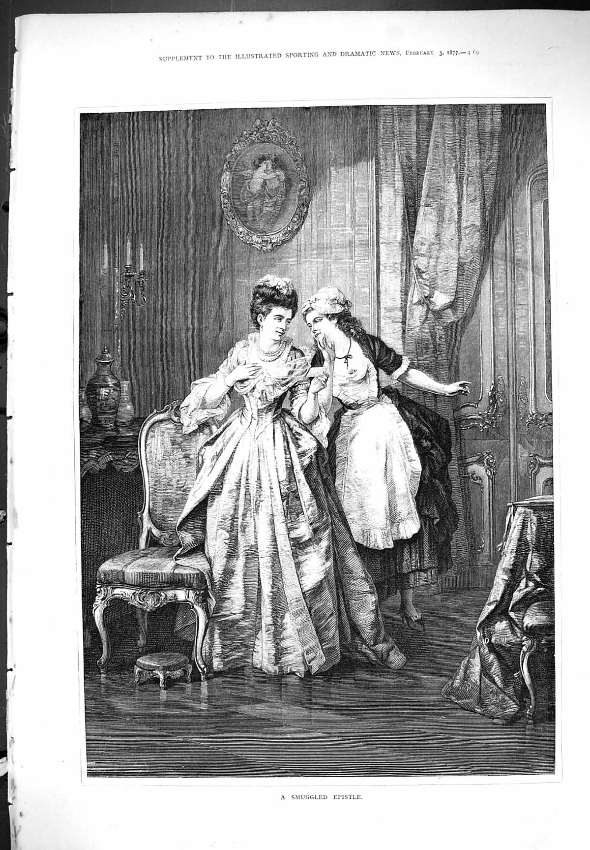 Original Old Antique Print 1877 Smuggled Epistle Beautiful Woman Indoor Scene