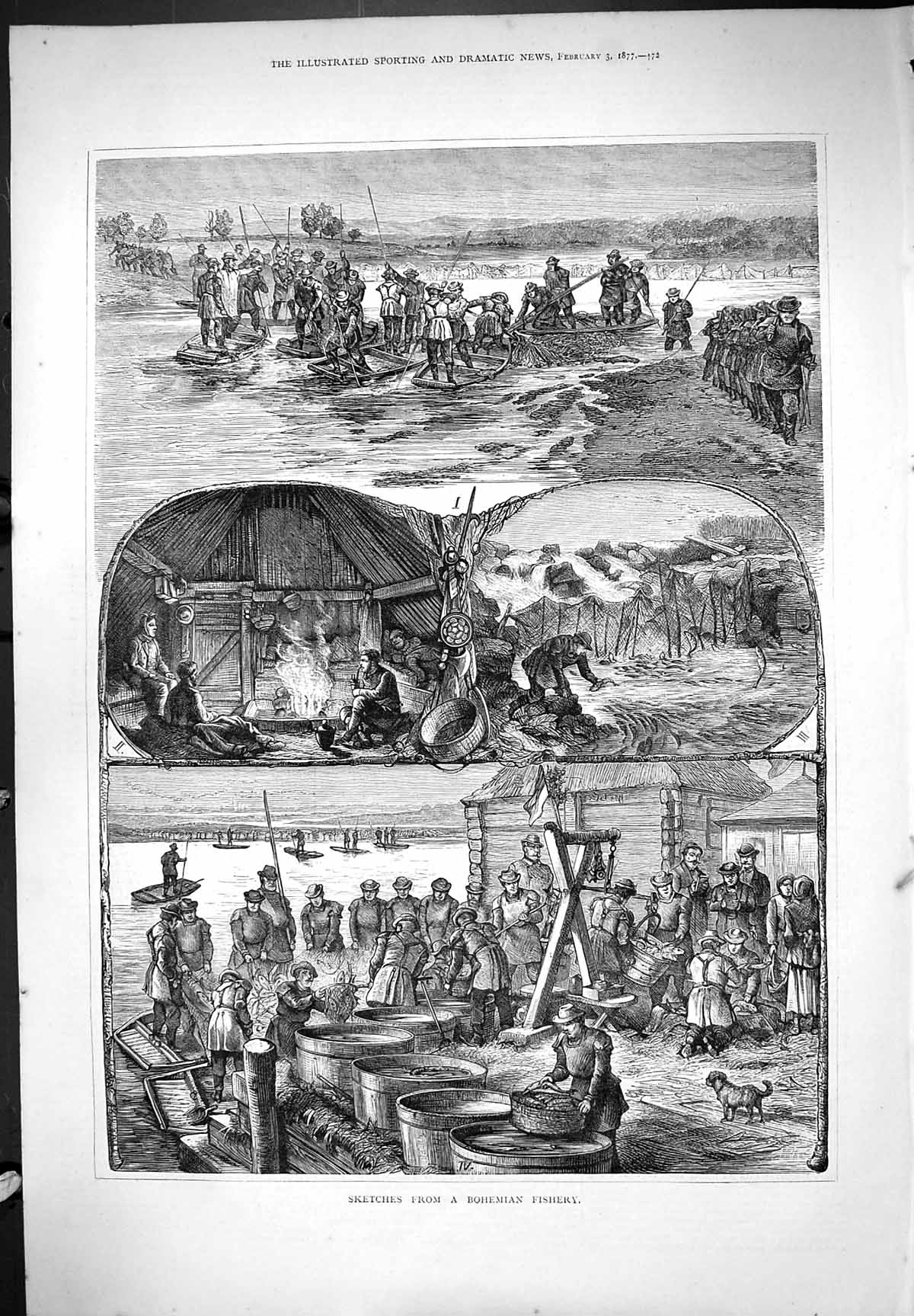 Old Print 1877 Bohemian Fishery Sketches Fishing Fishermen Boats Industry 19th