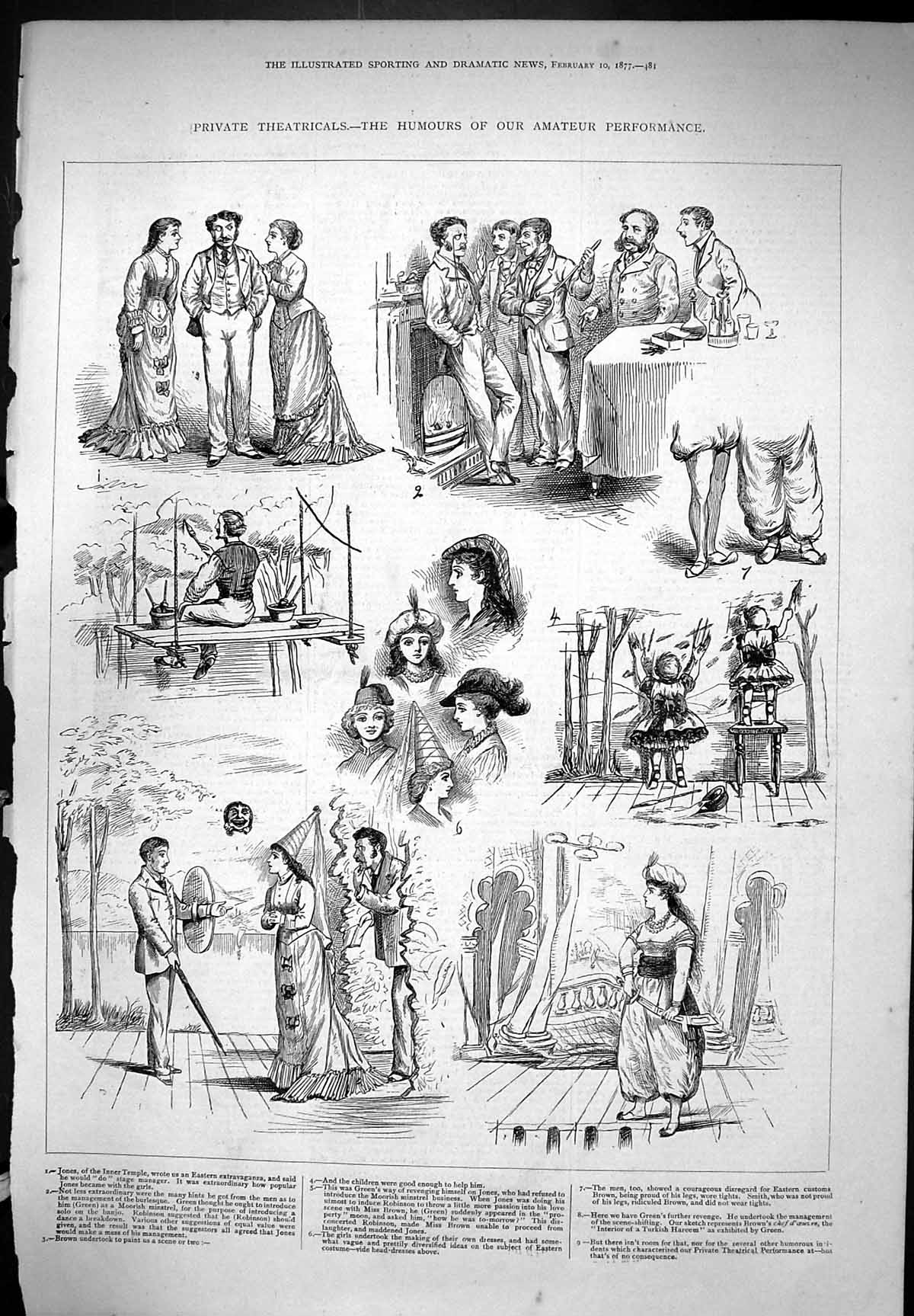 Original Old Antique Print Private Theatricals Humours Amateur Performance 1877
