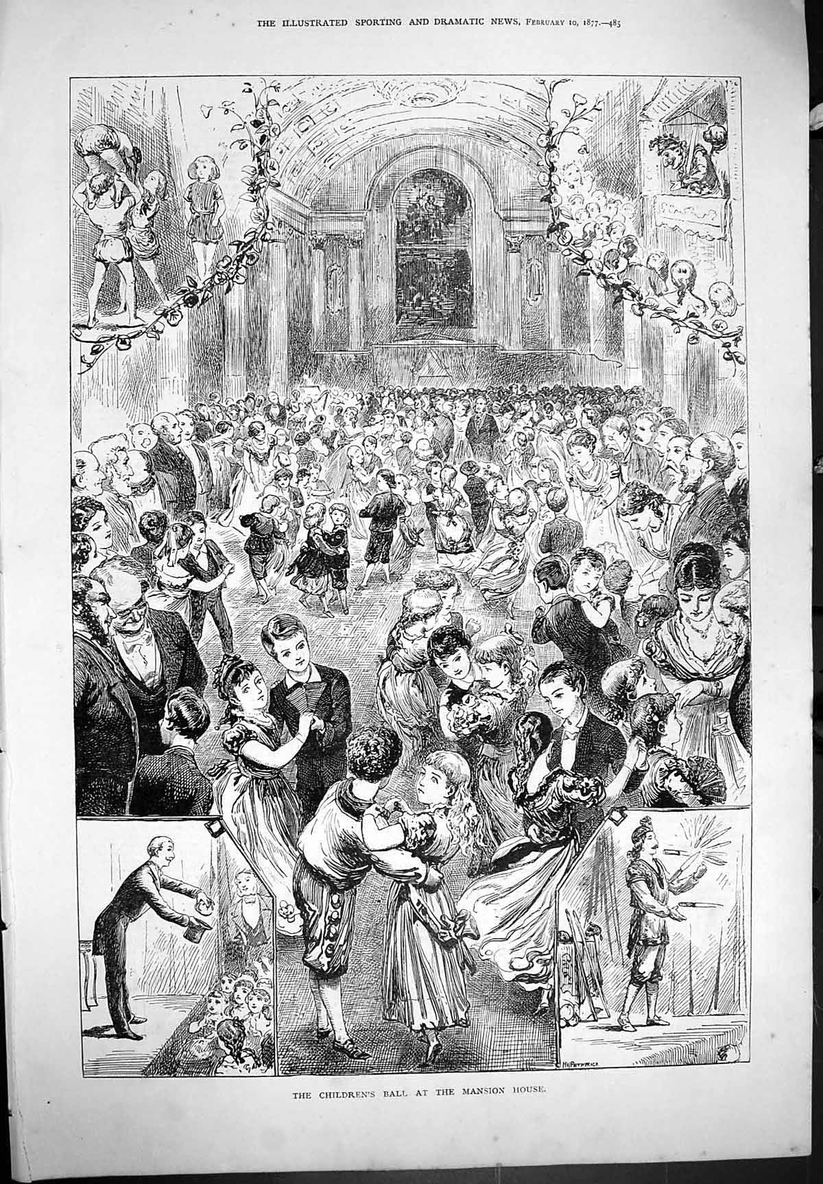 Original Old Antique Print Childrens Ball Mansion House 1877 Dancing Victorian